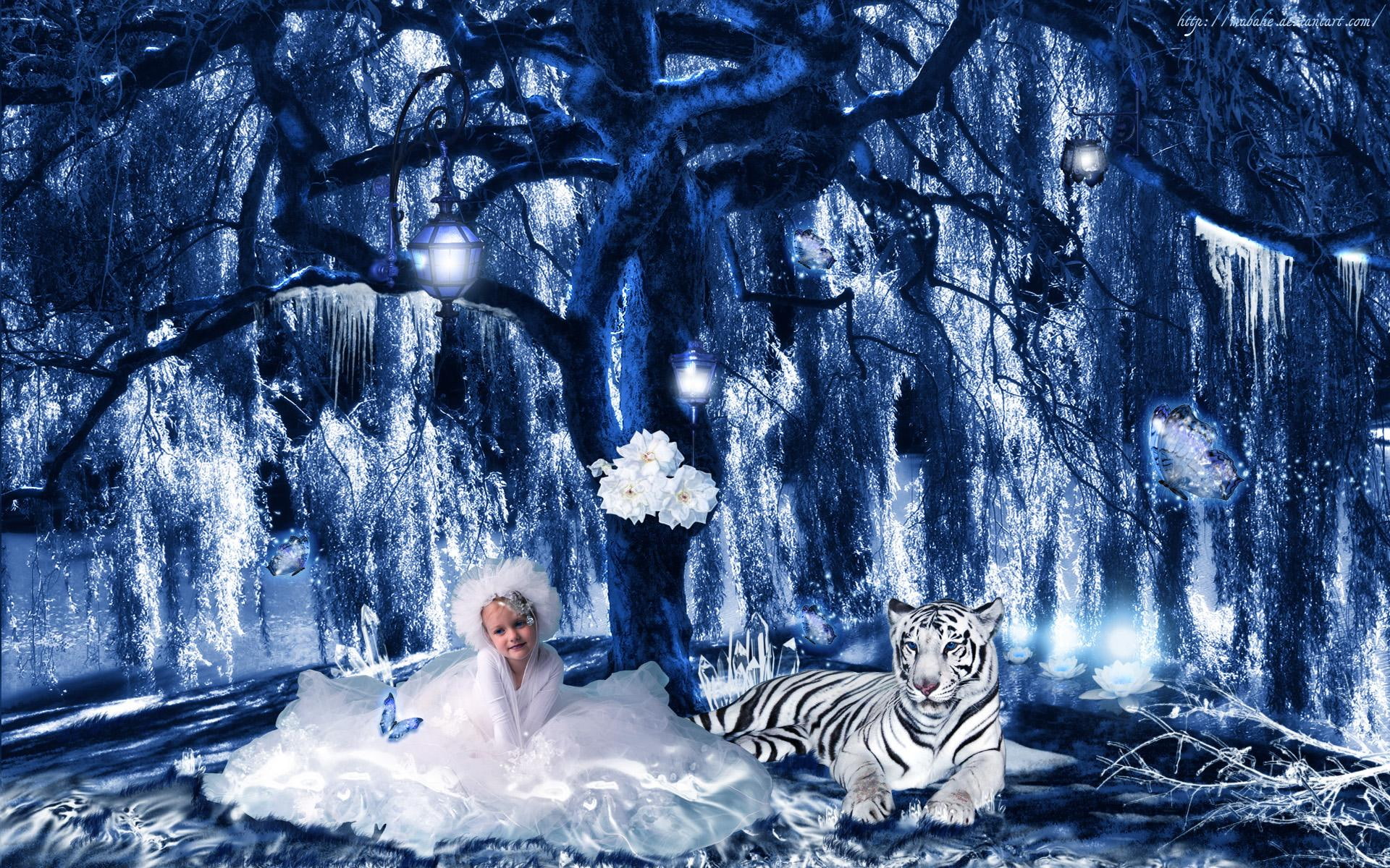 overlay, s, 3d and abstract, tiger, fantasy, white, girl, gown, winter, calido, 1080P, silk, invierno, trees, HD Wallpaper