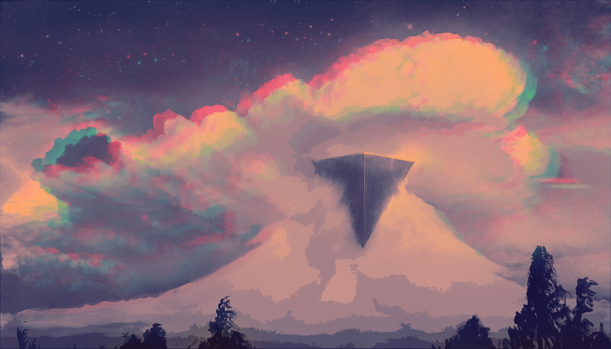 triangle, 1080P, glitch art, clouds, sky, HD Wallpaper