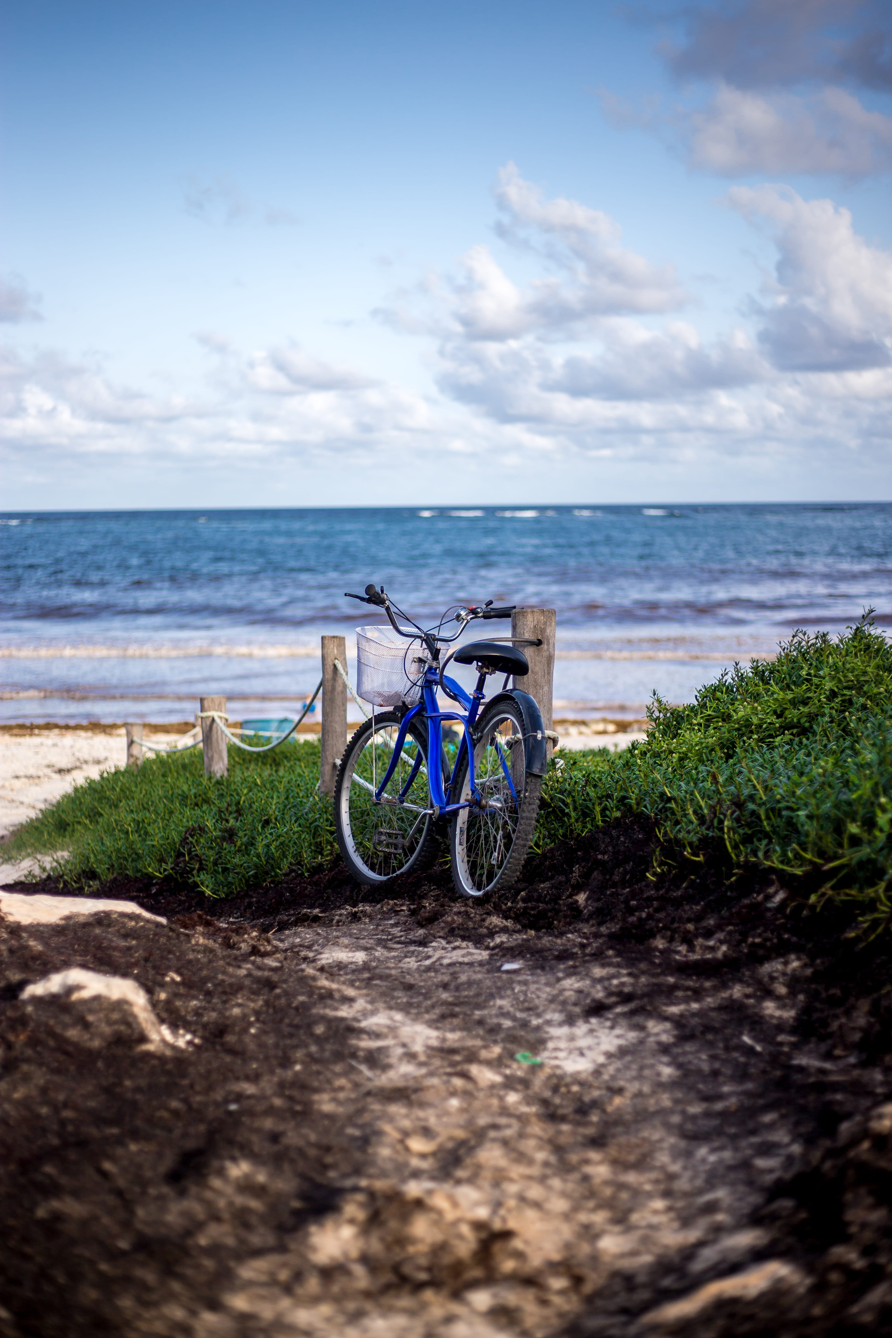 no people, bike, sky, day, ocean, water, bycicle, scenics - nature, ground, quintana roo, land vehicle, land, blue, beauty in nature, mexico, horizon over water, Phone HD Wallpaper