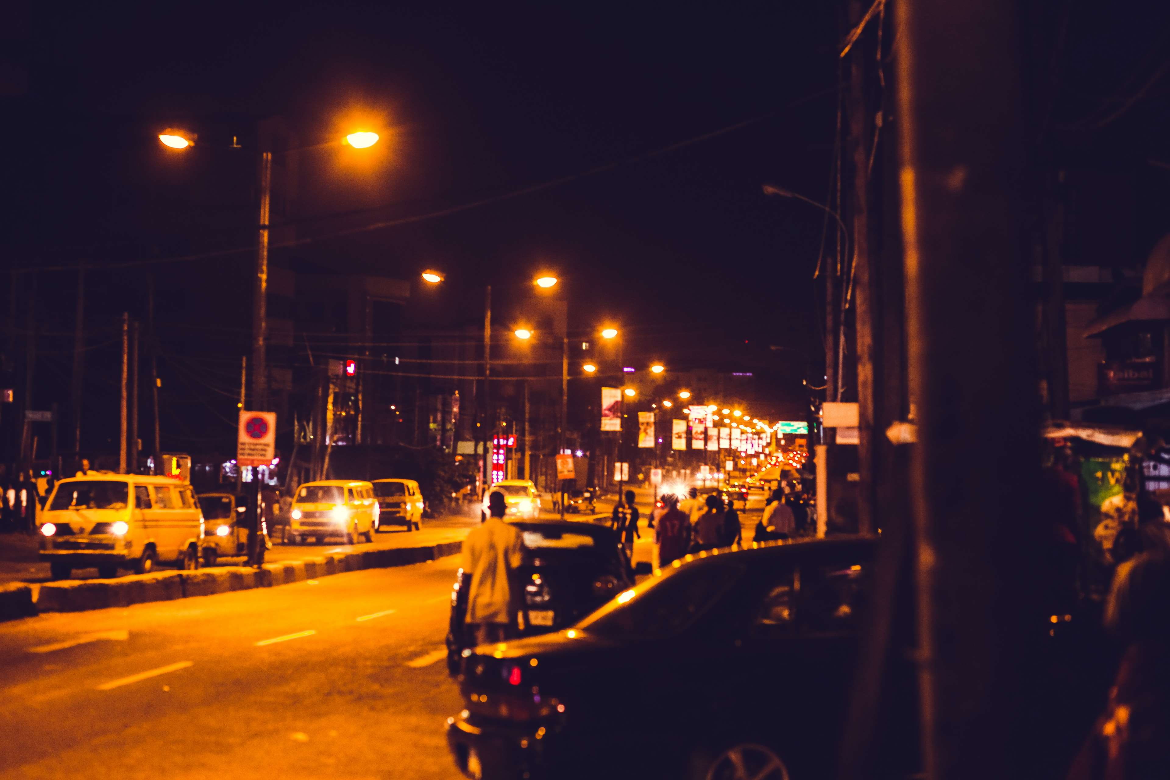 nightlife, transportation, motor vehicle, outdoors, road, city street, electricity, building exterior, lighting equipment, travel, nigeria, street light, HD Wallpaper