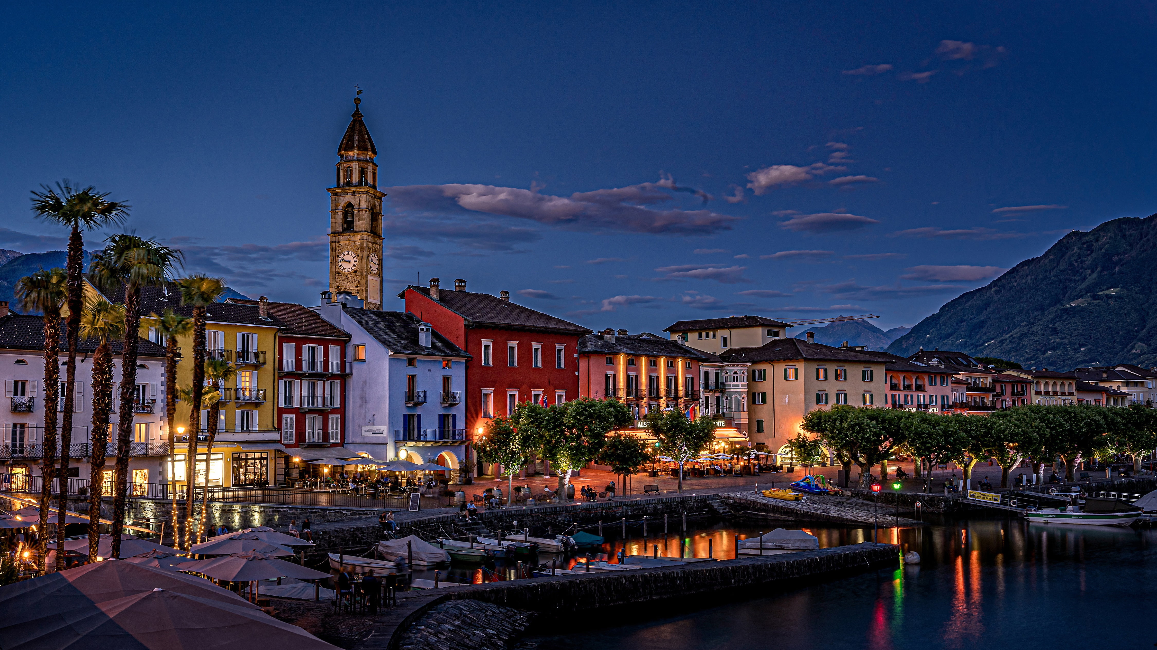 lake, home, Ascona, promenade, building, 4K, Lake Maggiore, palm trees, Switzerland, harbour, boats, HD Wallpaper