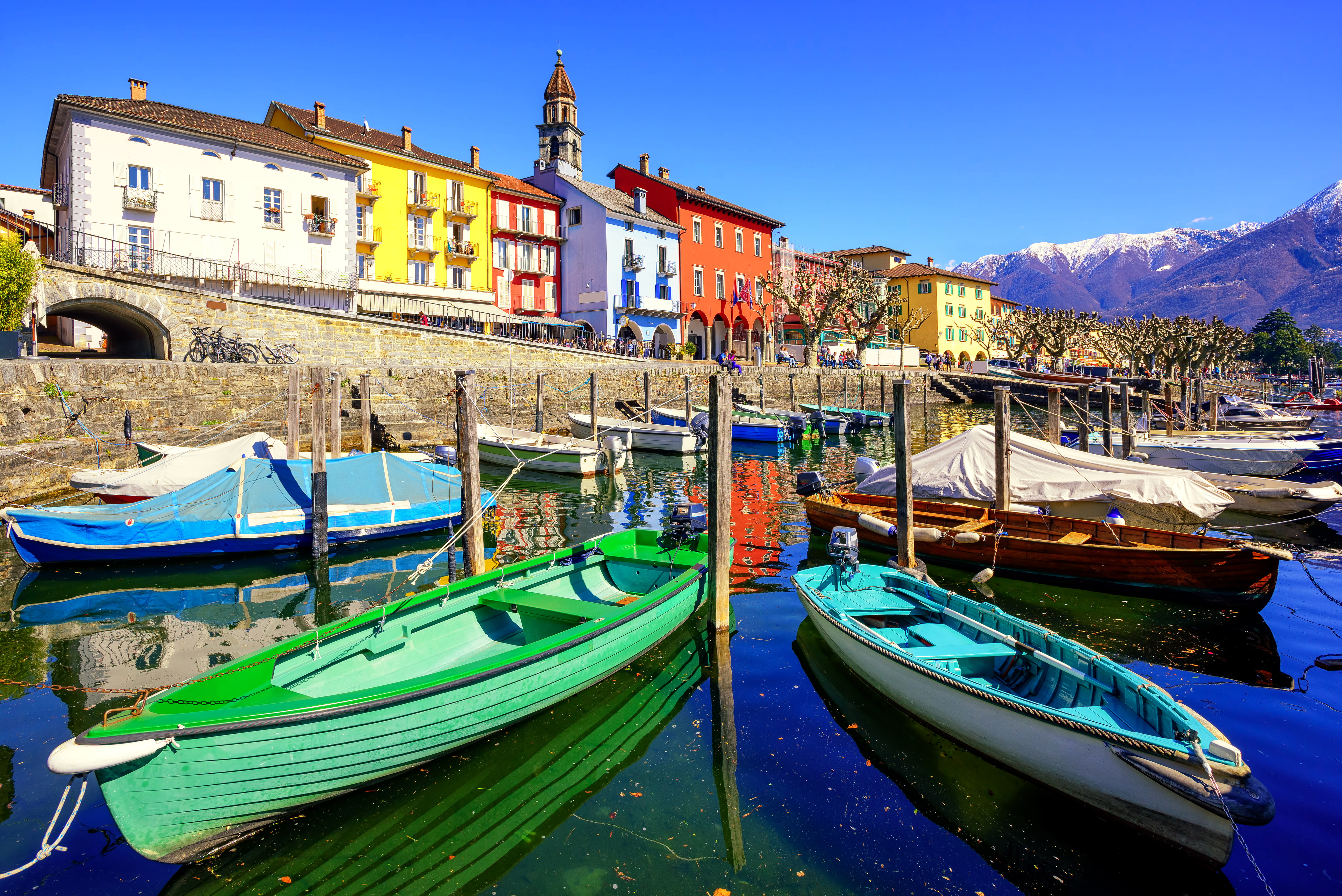 piers, mountains, Ticino, landscape, the sky, home, promenade, boats, 4K, Switzerland, Ascona, lake, the sun, HD Wallpaper