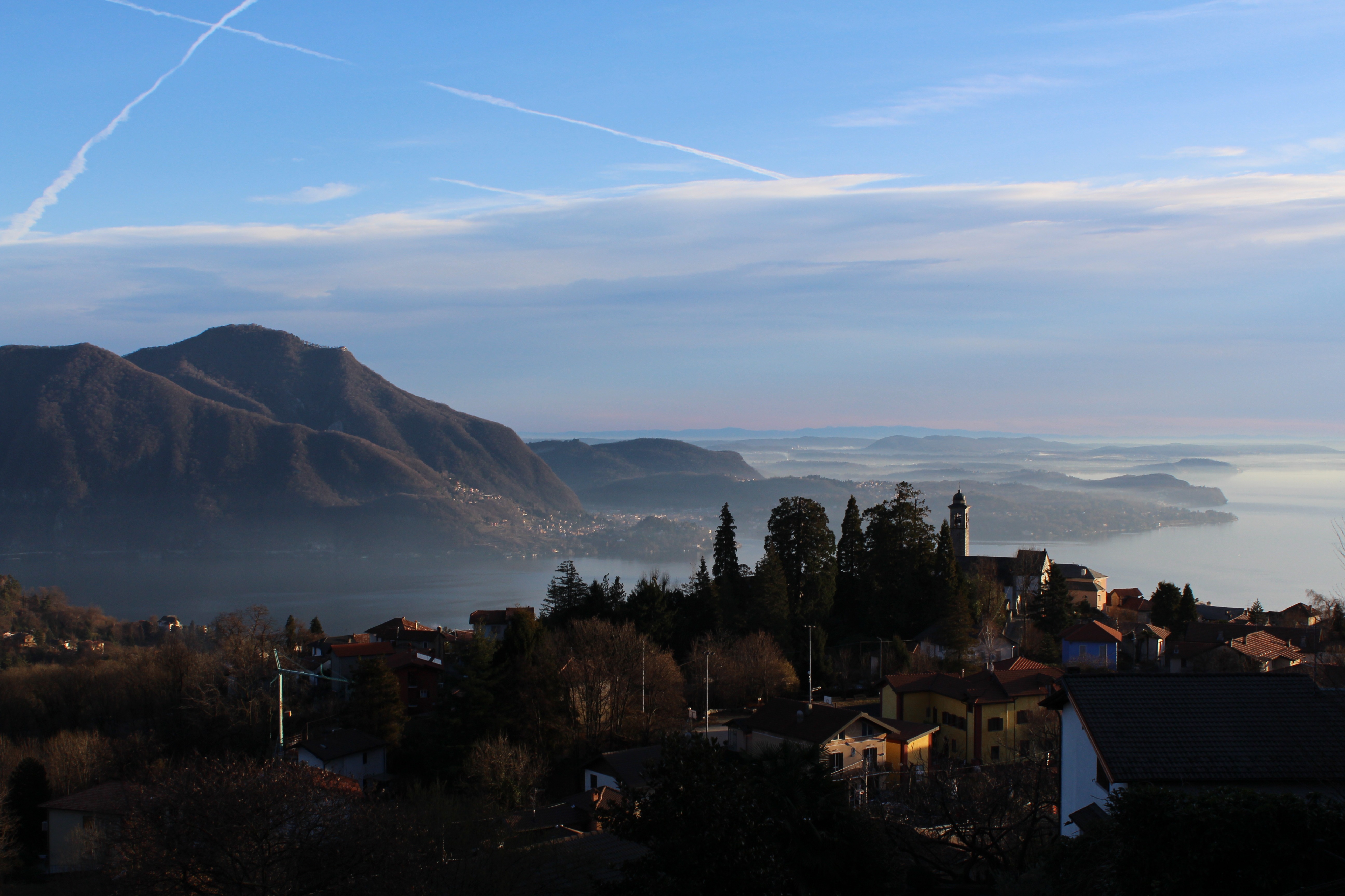 sunset, beauty in nature, lago maggiore, mountain range, tree, outdoors, cloud - sky, house, vapor trail, italy, nature, city, built structure, building exterior, HD Wallpaper