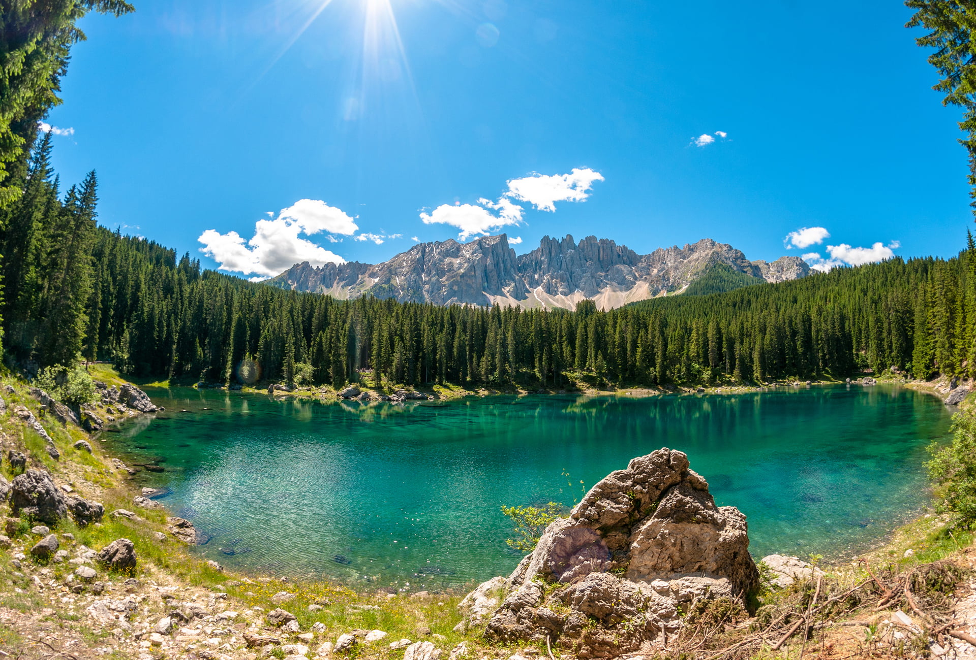 tranquil scene, stones, non-urban scene, trees, clouds, land, 1080P, coniferous tree, lake, outdoors, solid, no people, sunlight, turquoise colored, beauty in nature, HD Wallpaper