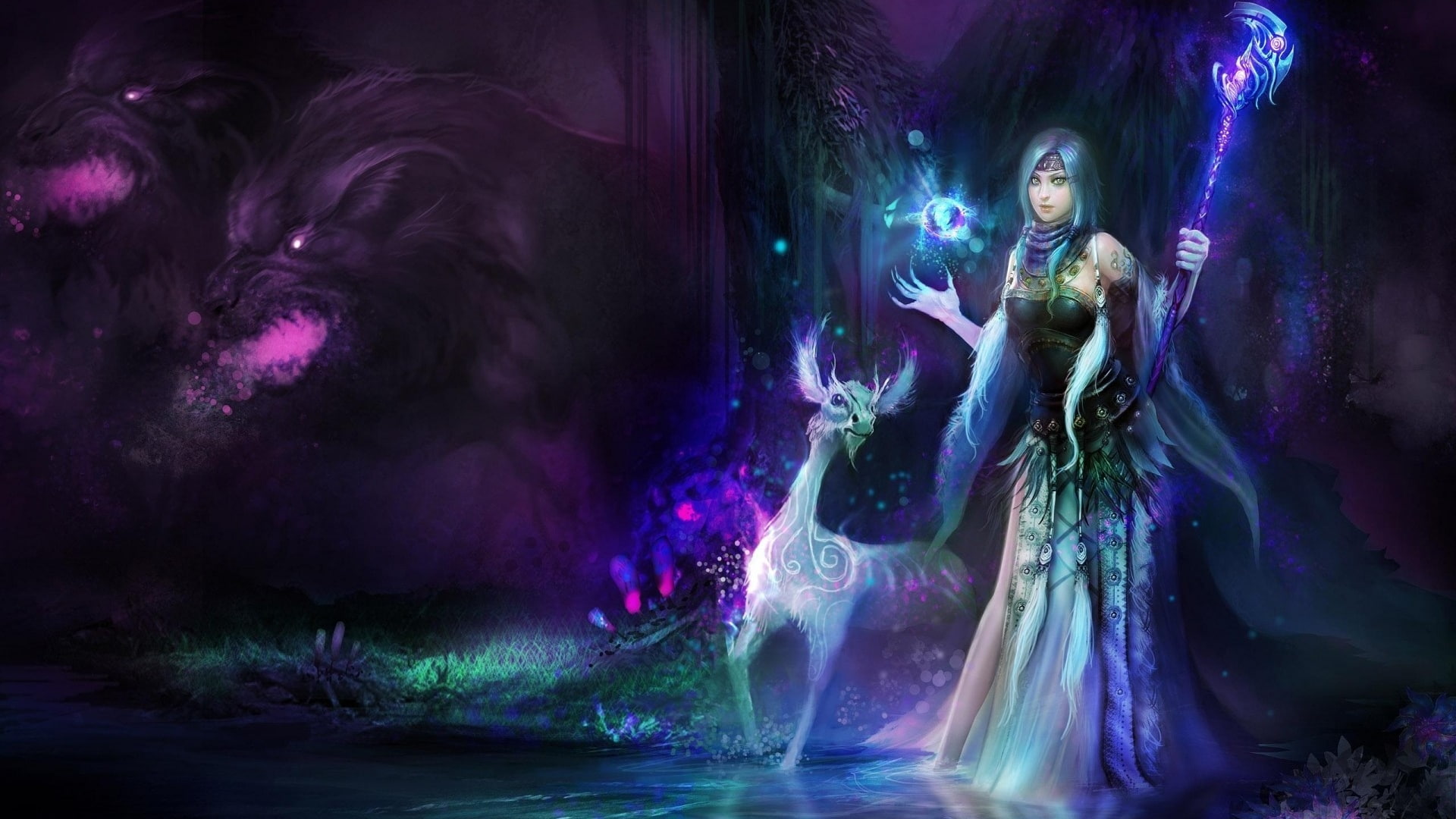 animales, fantasia, 1080P, bruja, bosque, HD Wallpaper