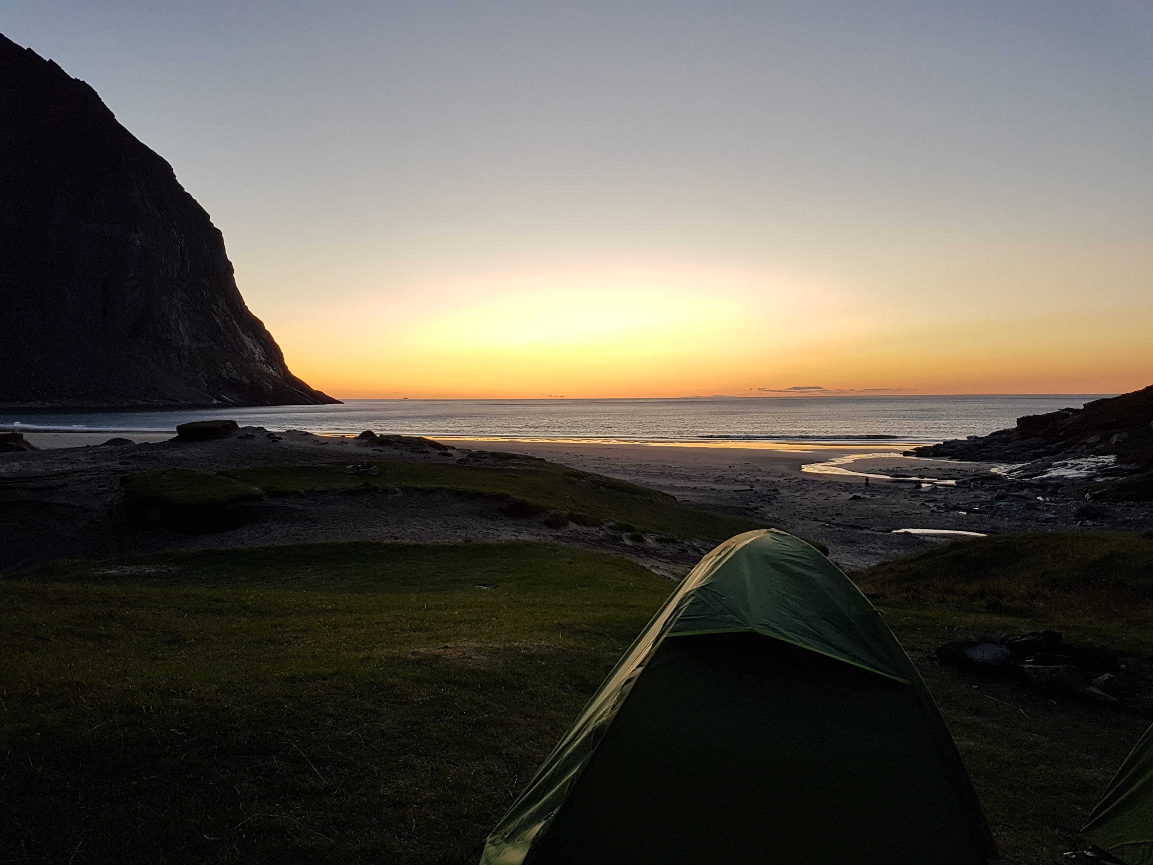 view, no people, horizon over water, scenics - nature, 4K, beach, relax, rock, sunset, fredvang, sea, tent, camping, solid, rock - object, water, rock formation, HD Wallpaper