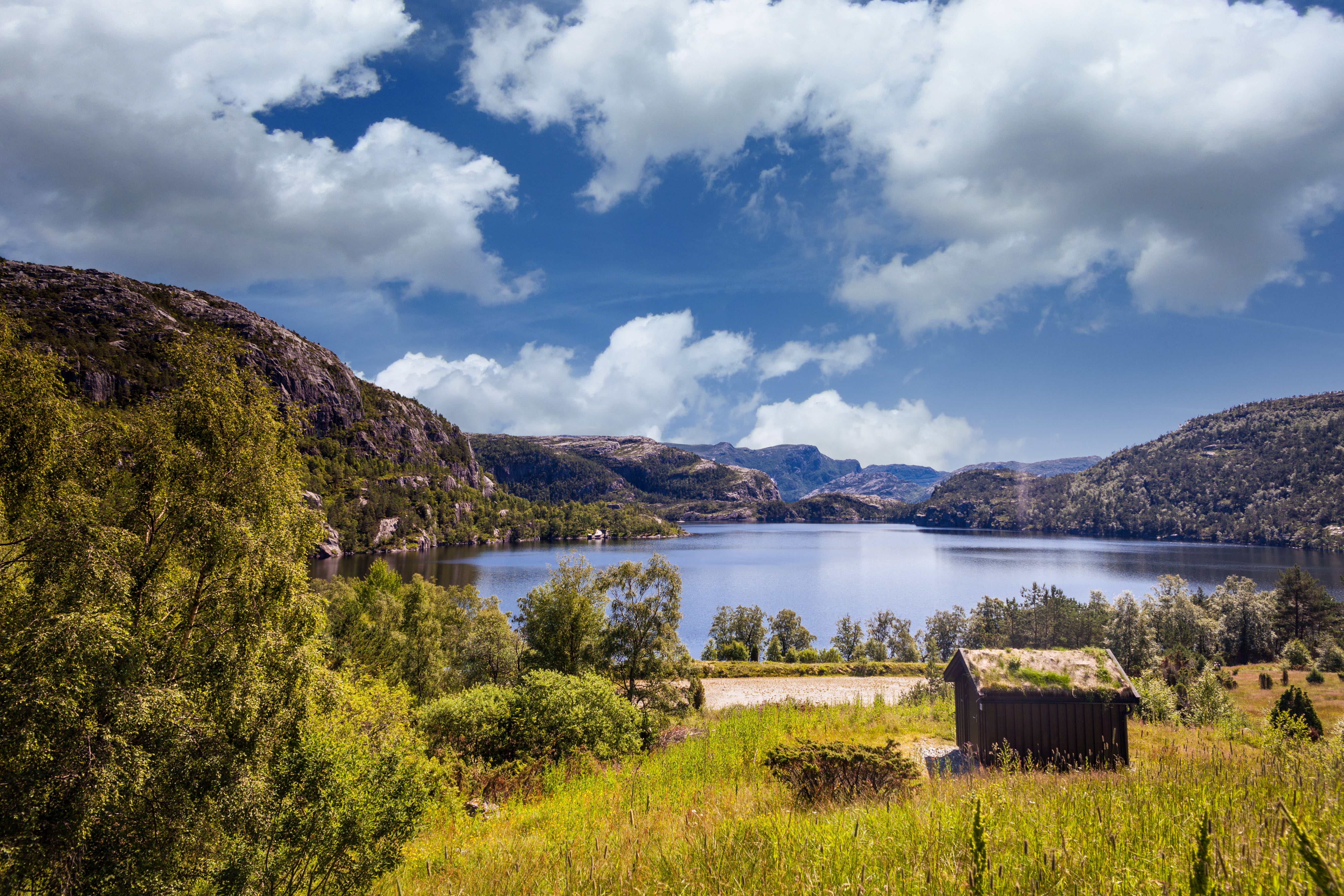 green, photoshop, daytime, fjord, blue, summer, sky, brown, cloudy, outdoors, water, scenics, landscape, nature, noruega, beside, brown mountain, lake, HD Wallpaper