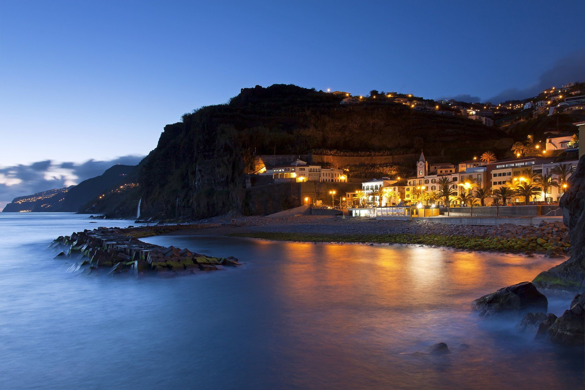 Towns, sky, 1080P, no people, tranquility, Seashore, blue, illuminated, building exterior, Ponta Do Sol, sea, nature, beauty in nature, travel destinations, HD Wallpaper