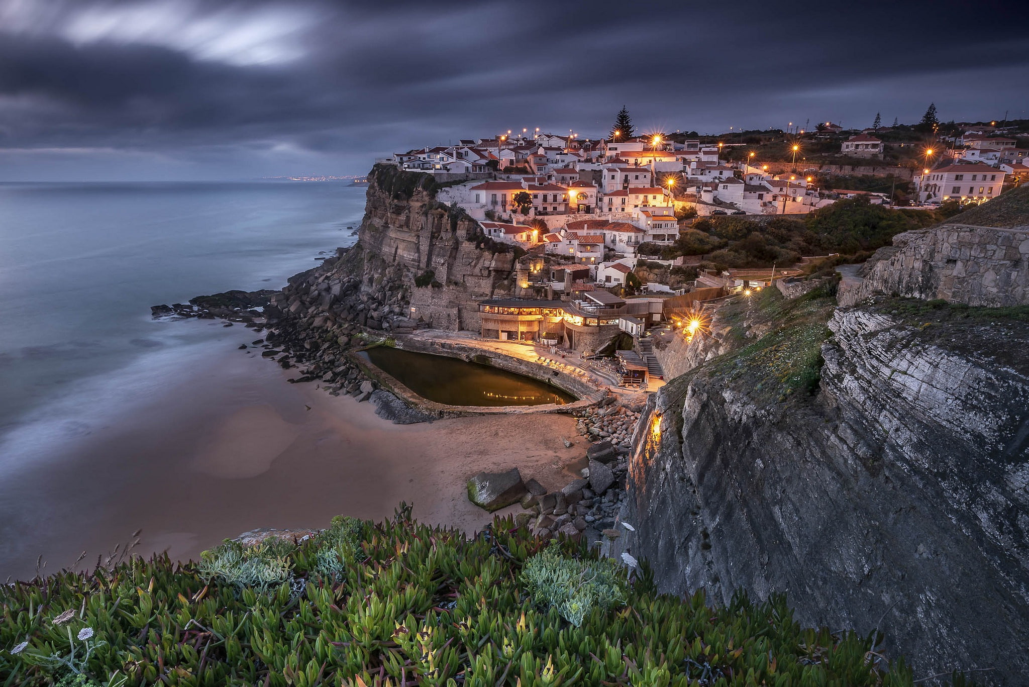 the evening, 1080P, coast, Azenhas do Mar, Portugal, lights, Sintra, HD Wallpaper
