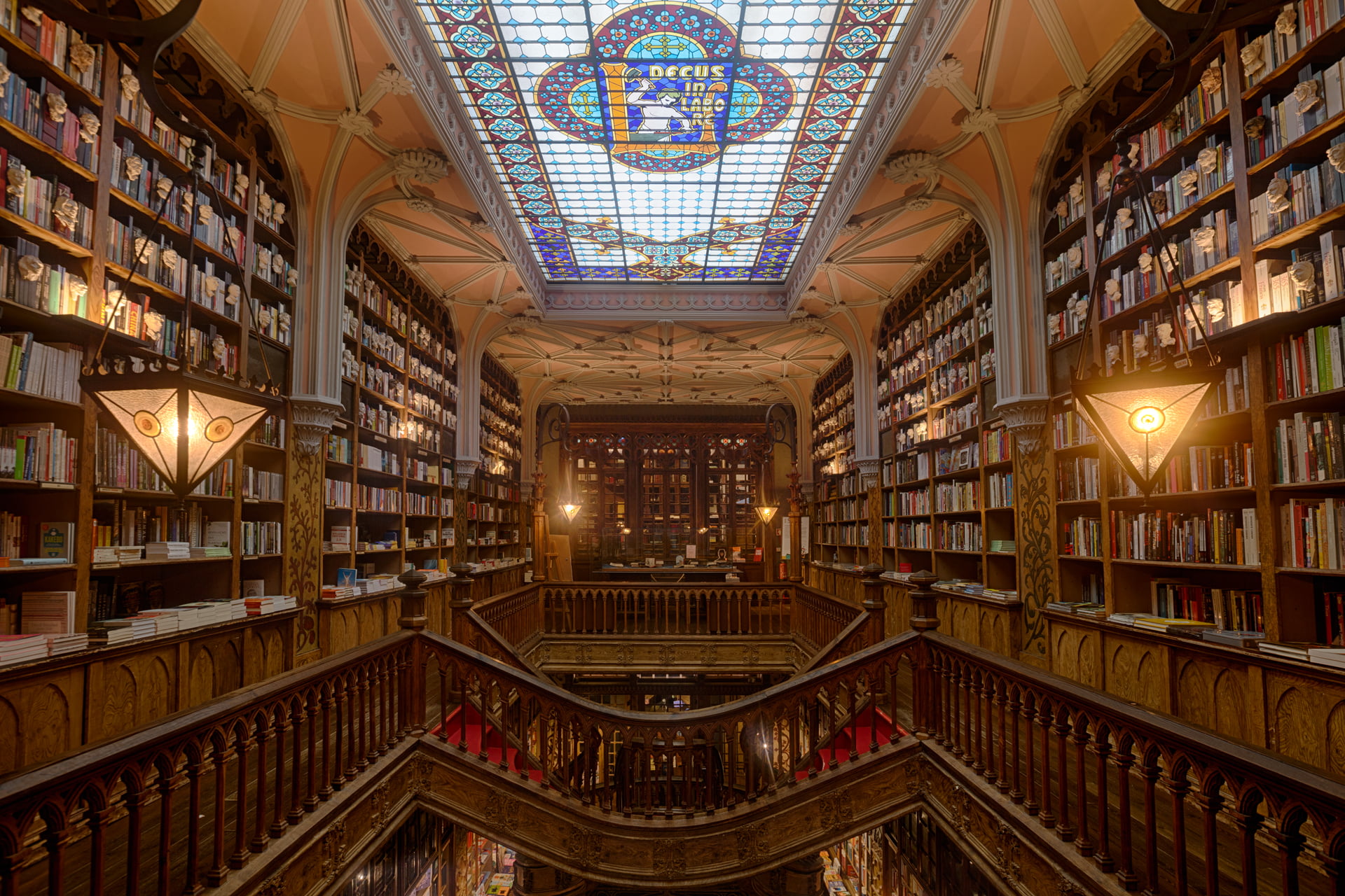 staircase, Portugal, shelves, bookshelf, wood, Porto, interior, stairs, 1080P, books, Livraria Lello, HD Wallpaper