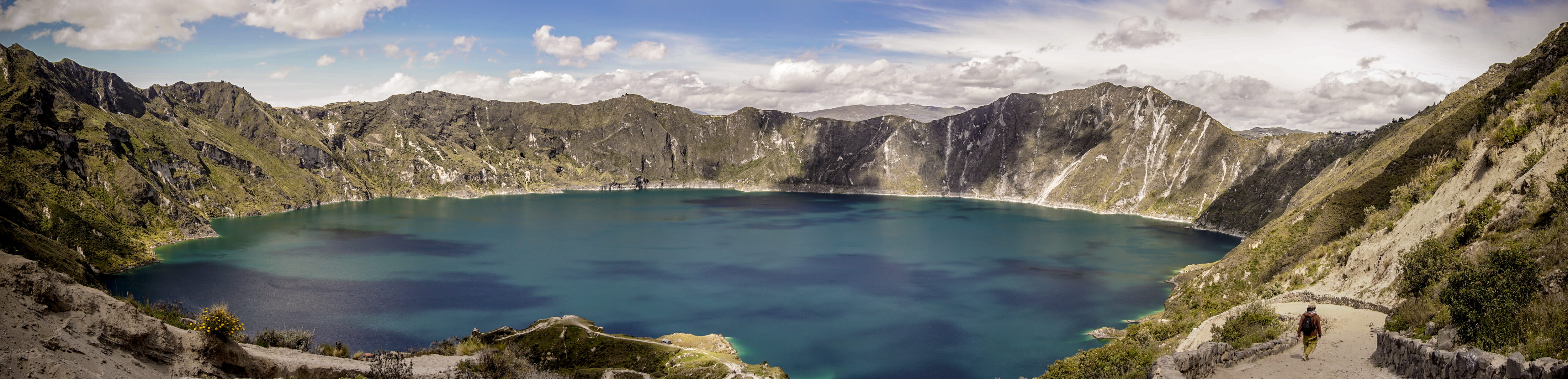 landscape, land, sky, crater, ocean, water, nature, mountain, volcano, panoramic, tranquil scene, person, beauty in nature, scenery, quilotoa !, peak, tranquility, HD Wallpaper
