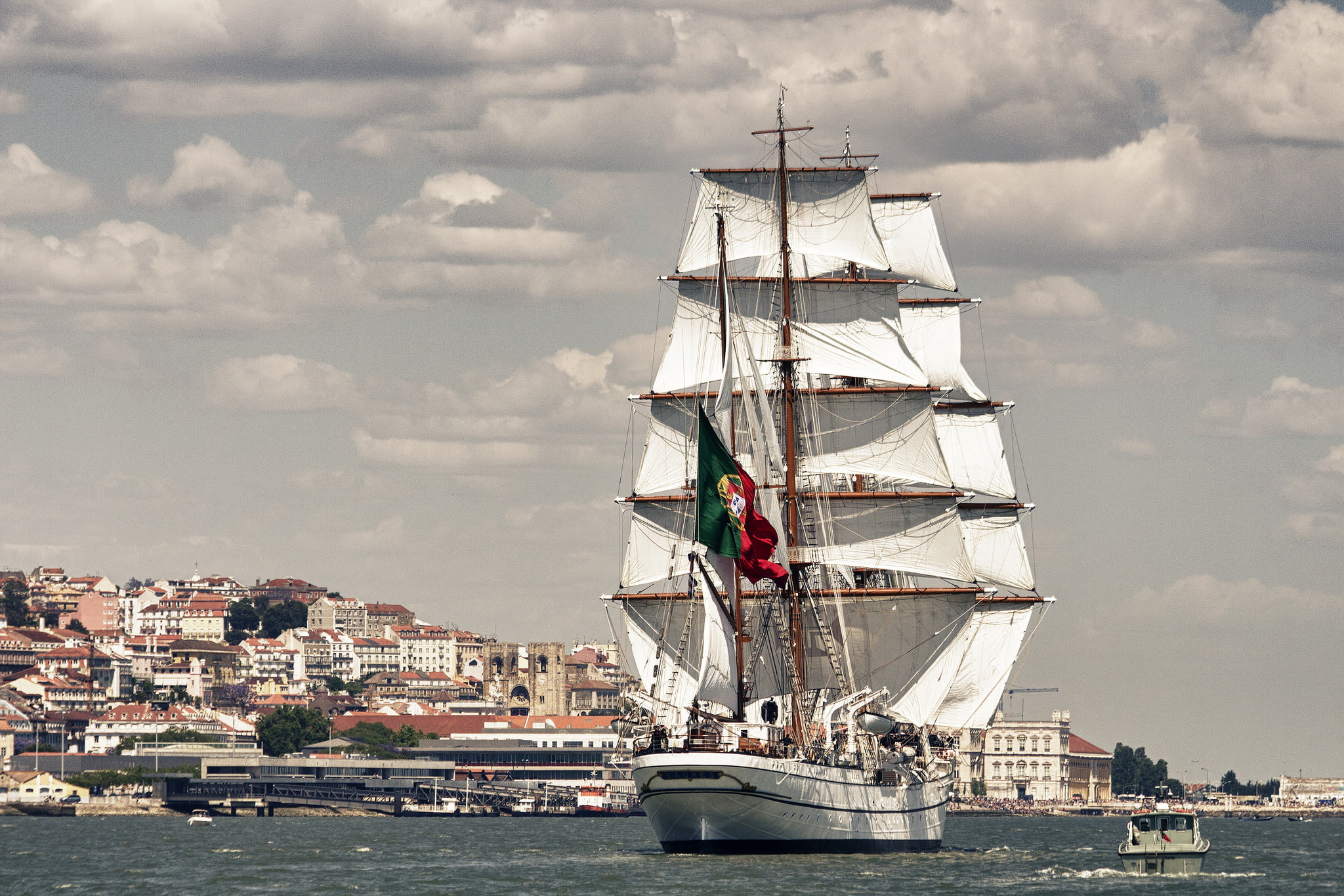 1080P, river, Sagres, sailboat, Portugal, the Tagus river, NRP Sagres III, Tagus River, bark, Lisbon, HD Wallpaper