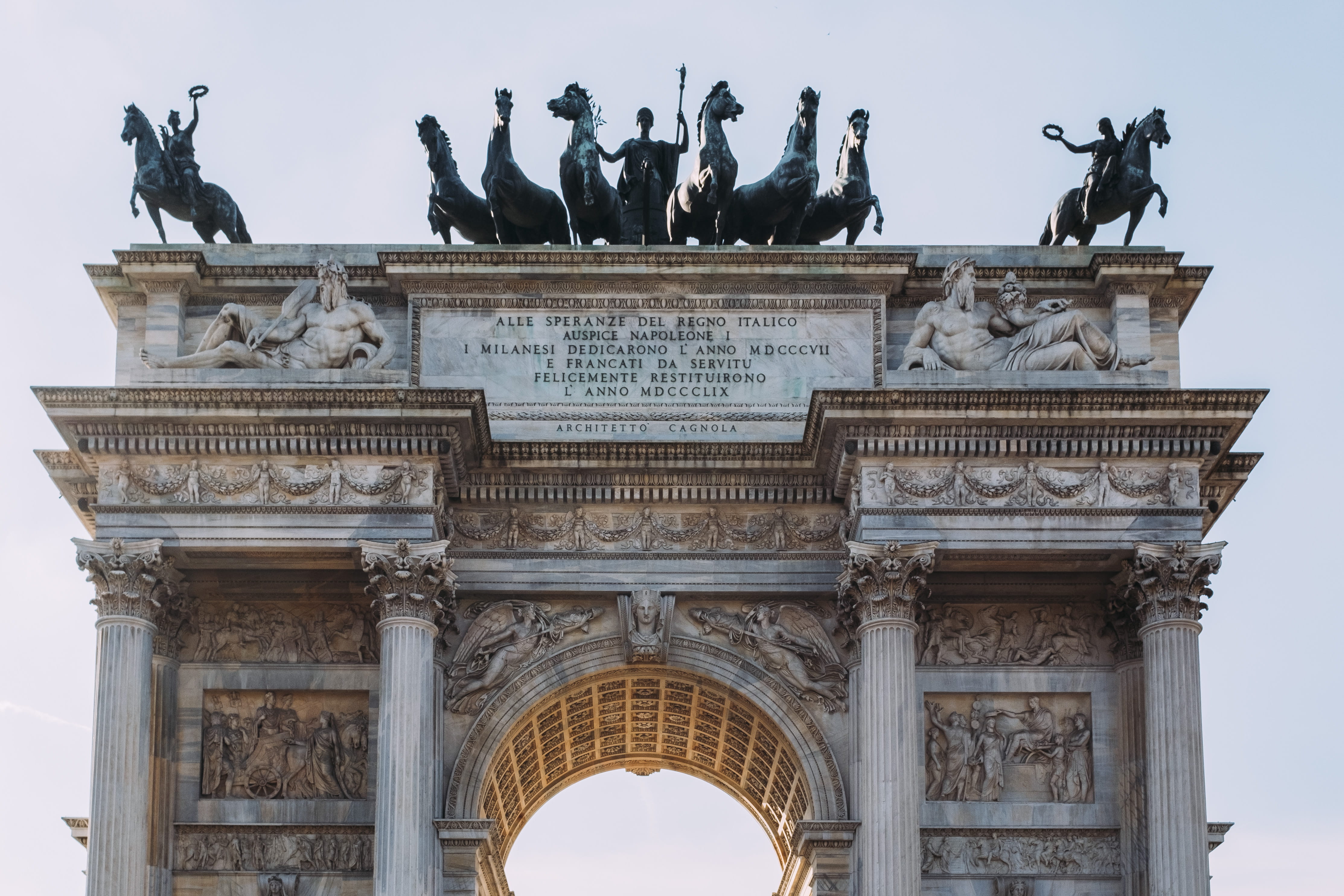 milano, human representation, creativity, tourism, travel, blue, concrete, arch, built structure, city, representation, sky, statue, ornate, day, monument, HD Wallpaper