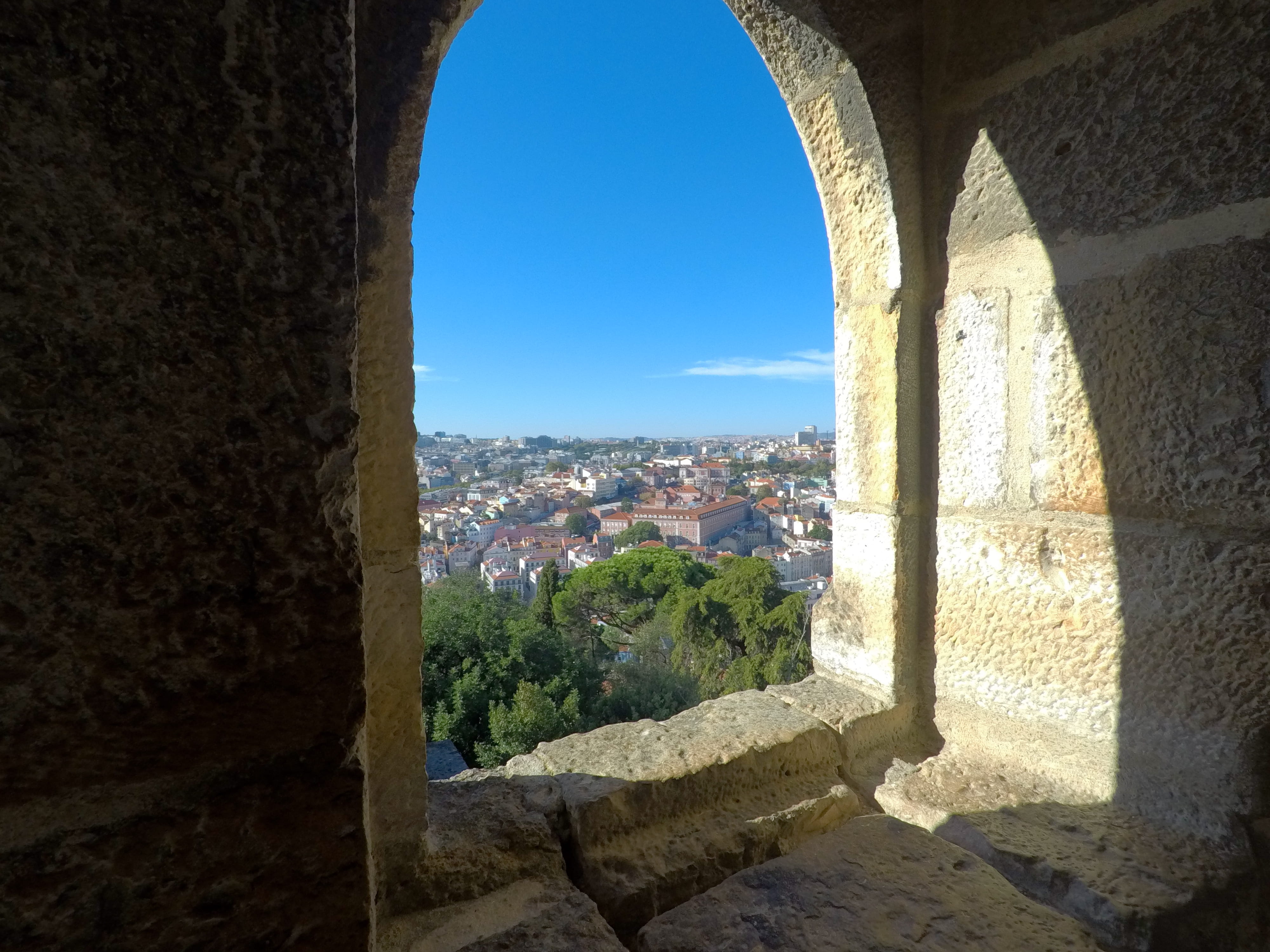 architectural column, the past, stone wall, nature, ruined, travel destinations, no people, window, sunlight, travel, portugal, arc, town, day, são jorge, HD Wallpaper