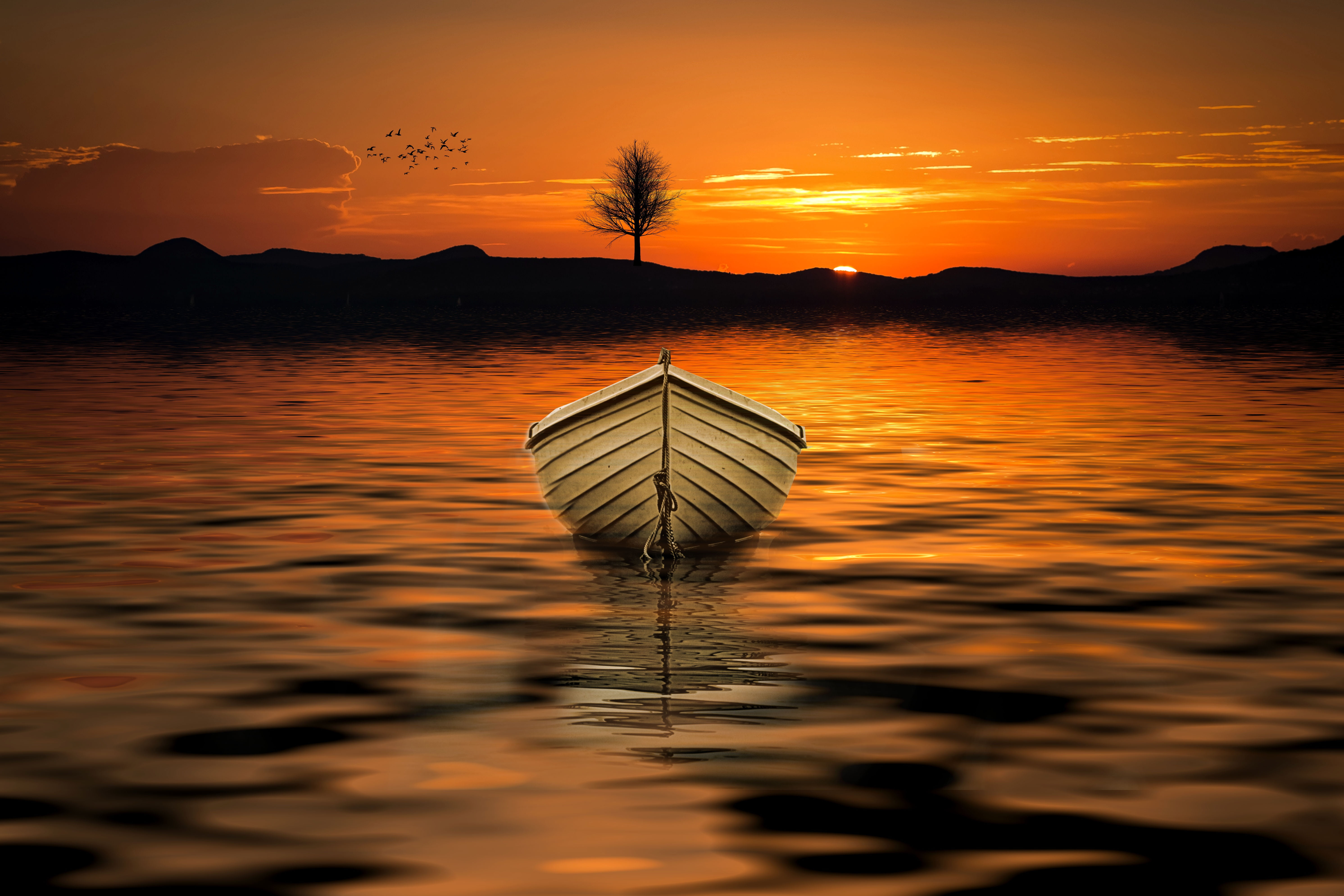 body, 5K, orange color, summer, background, sun, ship, sunset, idyllic, mountain, tranquility, tranquil scene, cloud - sky, scenics - nature, lake, white, HD Wallpaper