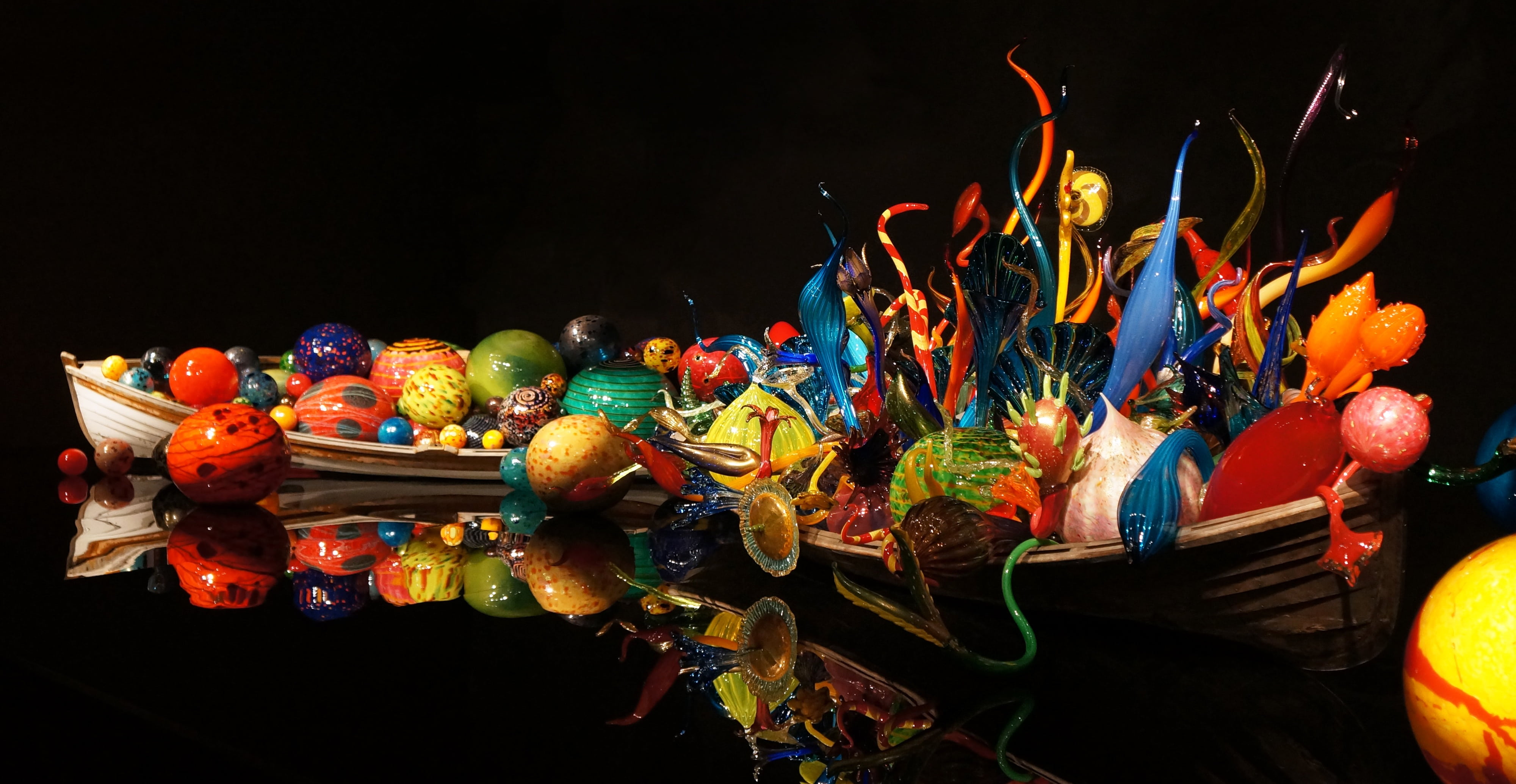 abundance, no people, glass, human representation, large group of objects, festival, representation, art, close-up, indoors, chihuly garden and glass, black background, HD Wallpaper