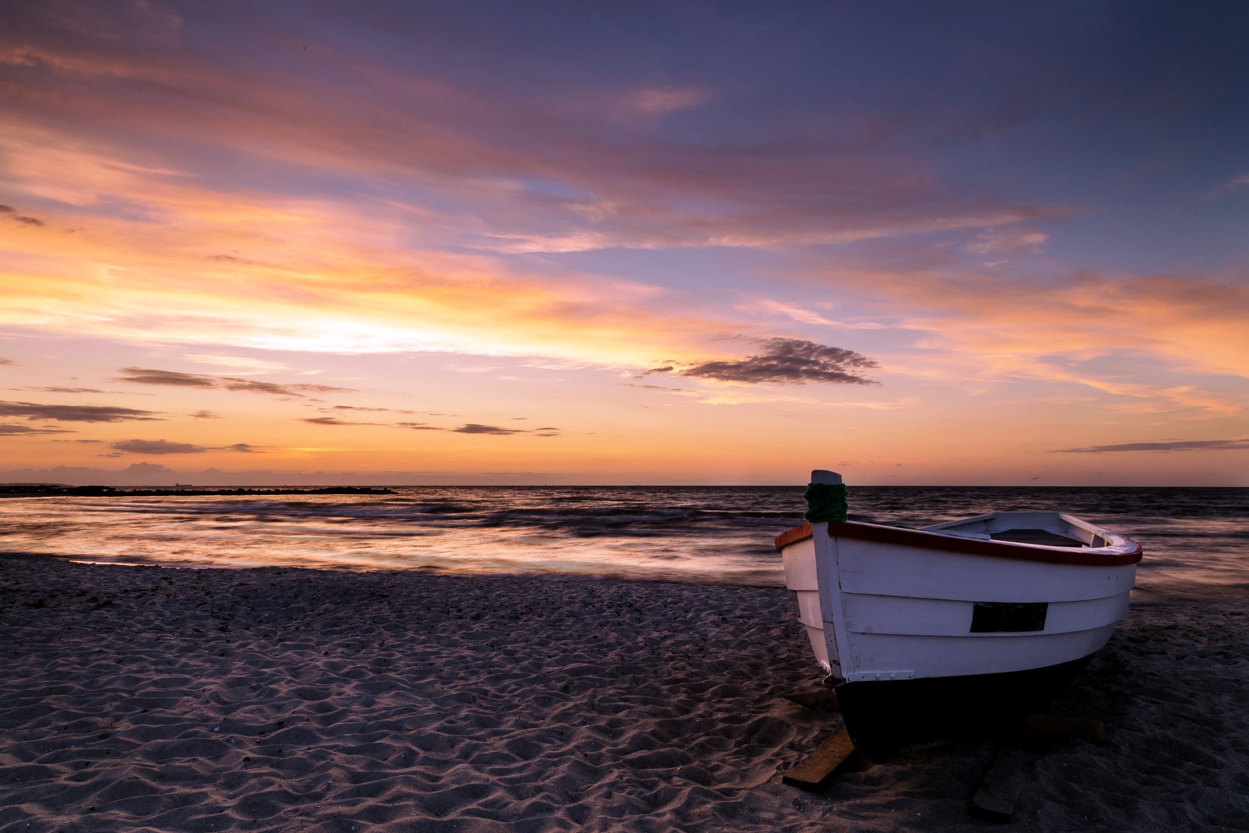 sunset, silhouette, sea, landscape, row, boat, 2K, photo, the boat, HD Wallpaper