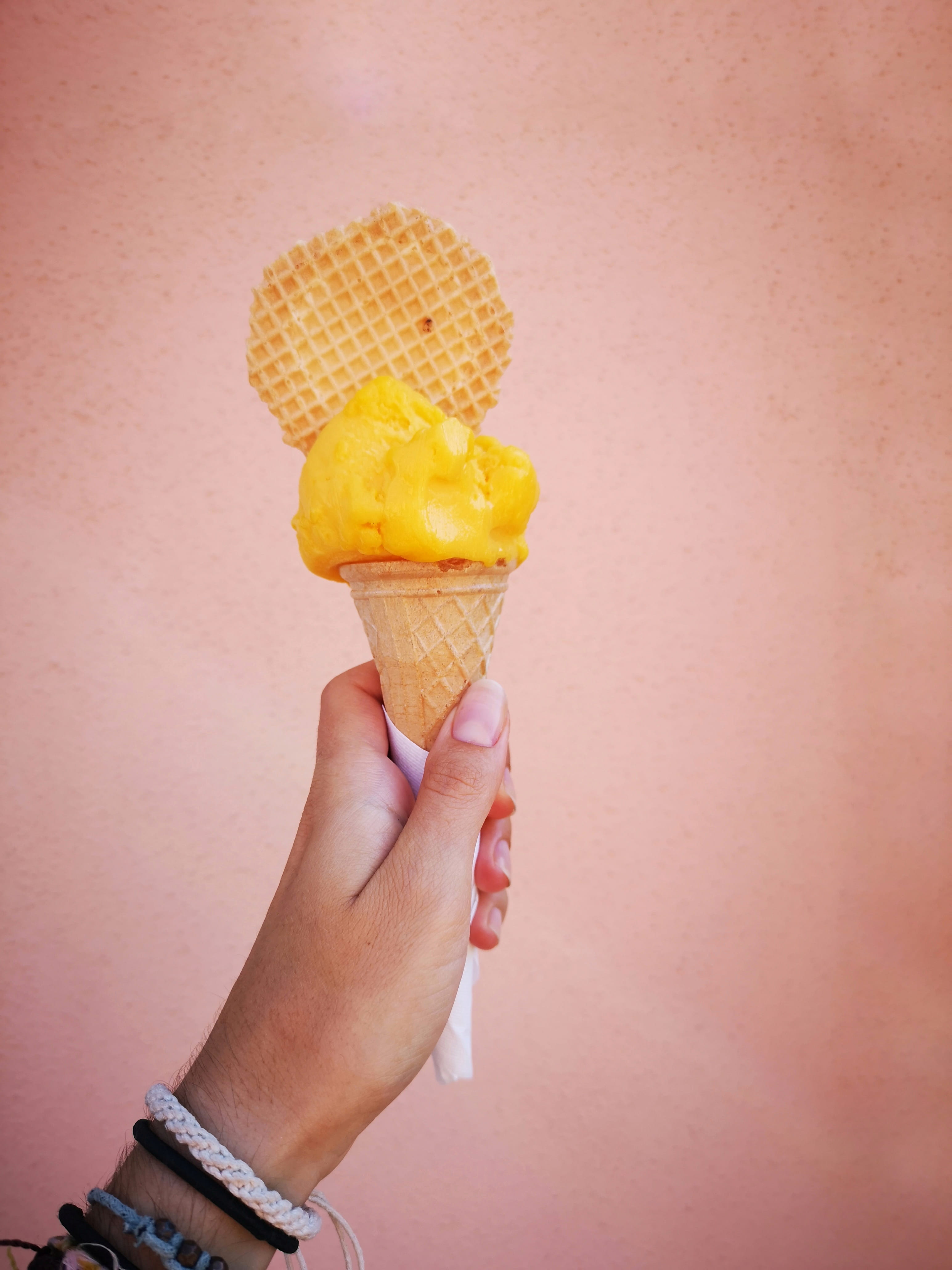 hand, human body part, summer vibes, human limb, summer, sweet, real people, unhealthy eating, ice cream cone, mango ice cream, dairy product, frozen, 4K, Phone HD Wallpaper
