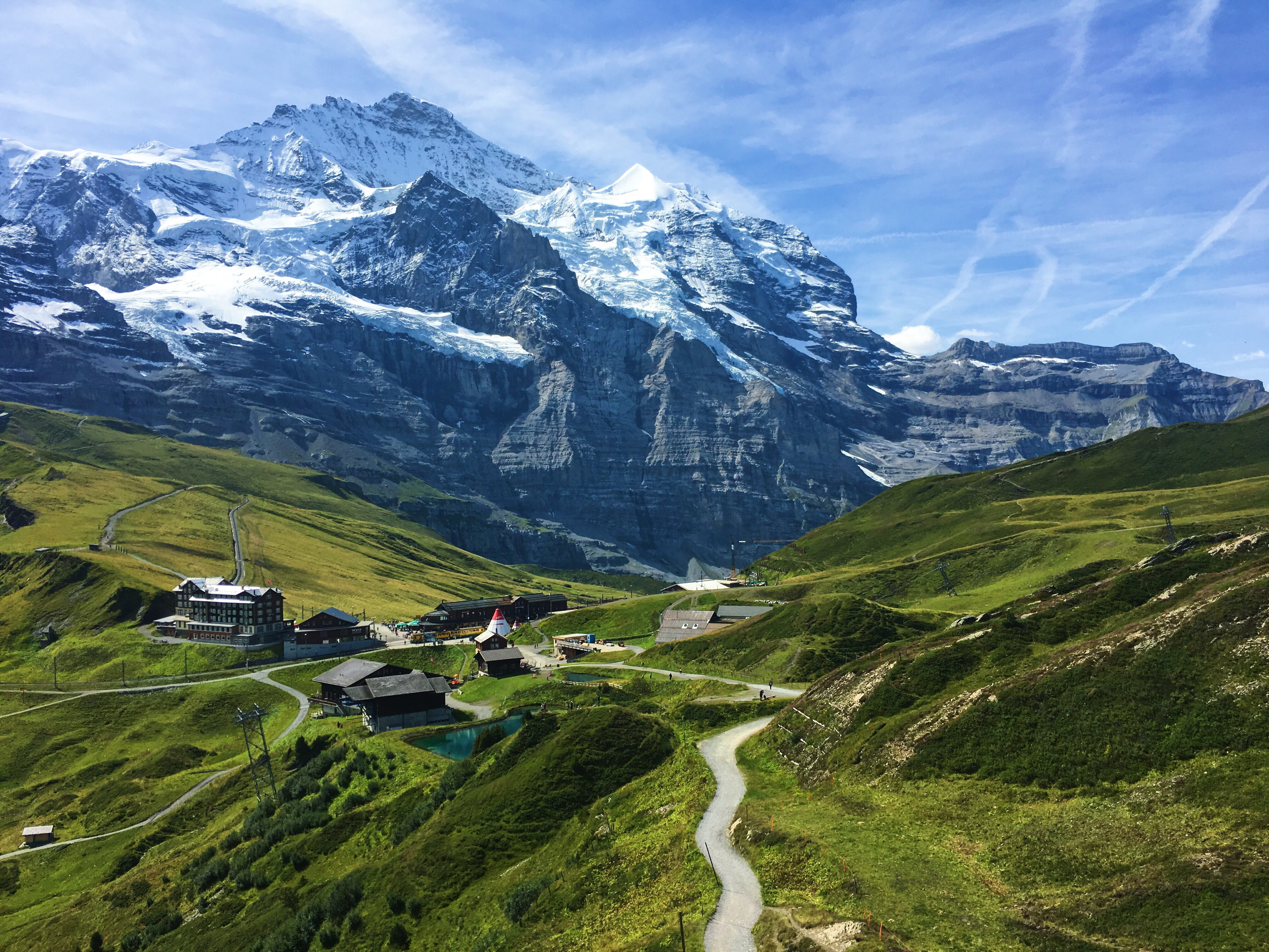 road, snow, plant, environment, mountain peak, mountain, beauty in nature, suiza, blue, tranquil scene, summer, switzerland, winter, green, white, no people, HD Wallpaper
