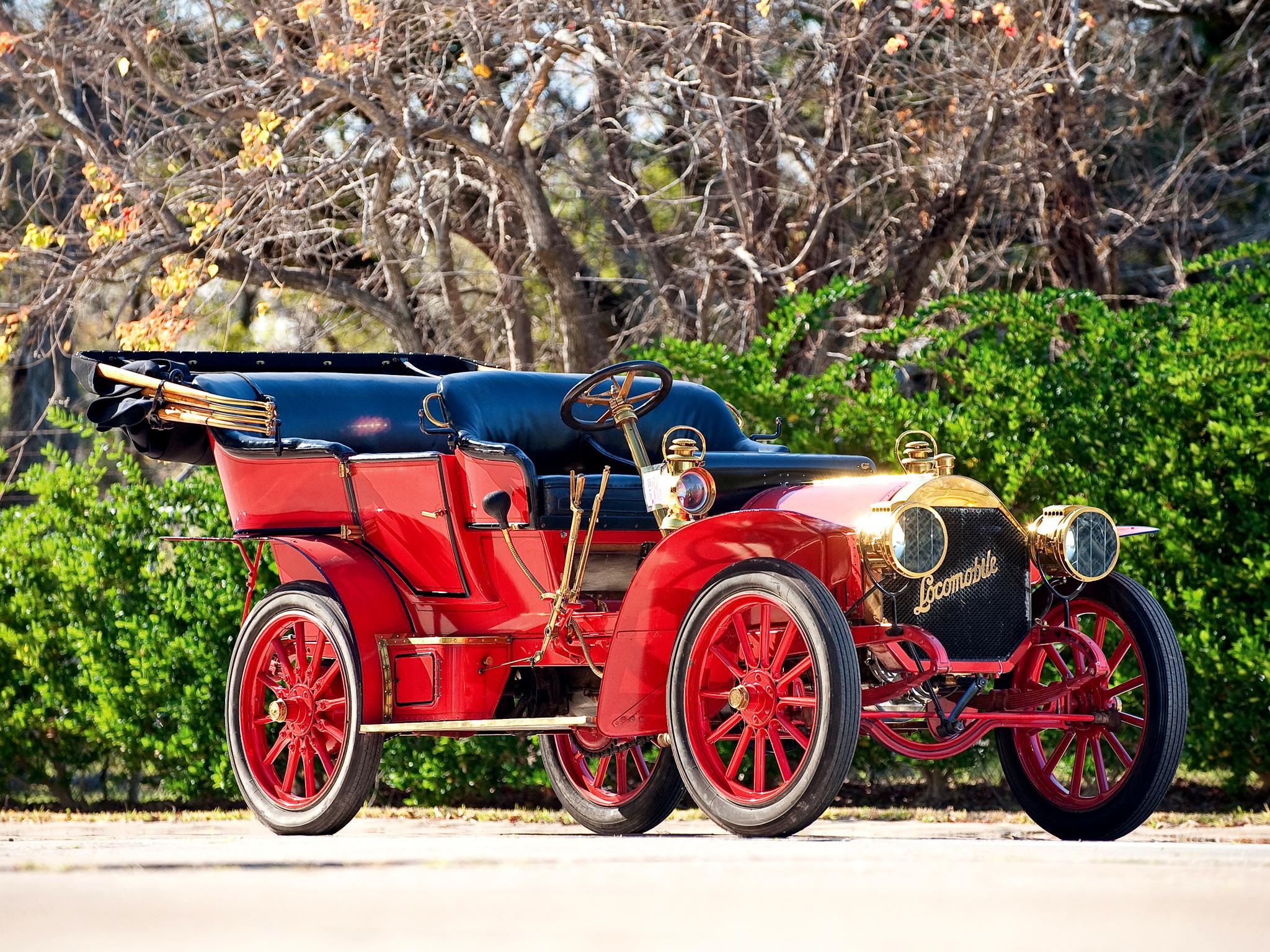outdoors, sunlight, 1080P, side view, no people, car, red, vintage, tree, branch, plant, field, forest, mode of transportation, Oldtimer, vehicle, growth, HD Wallpaper