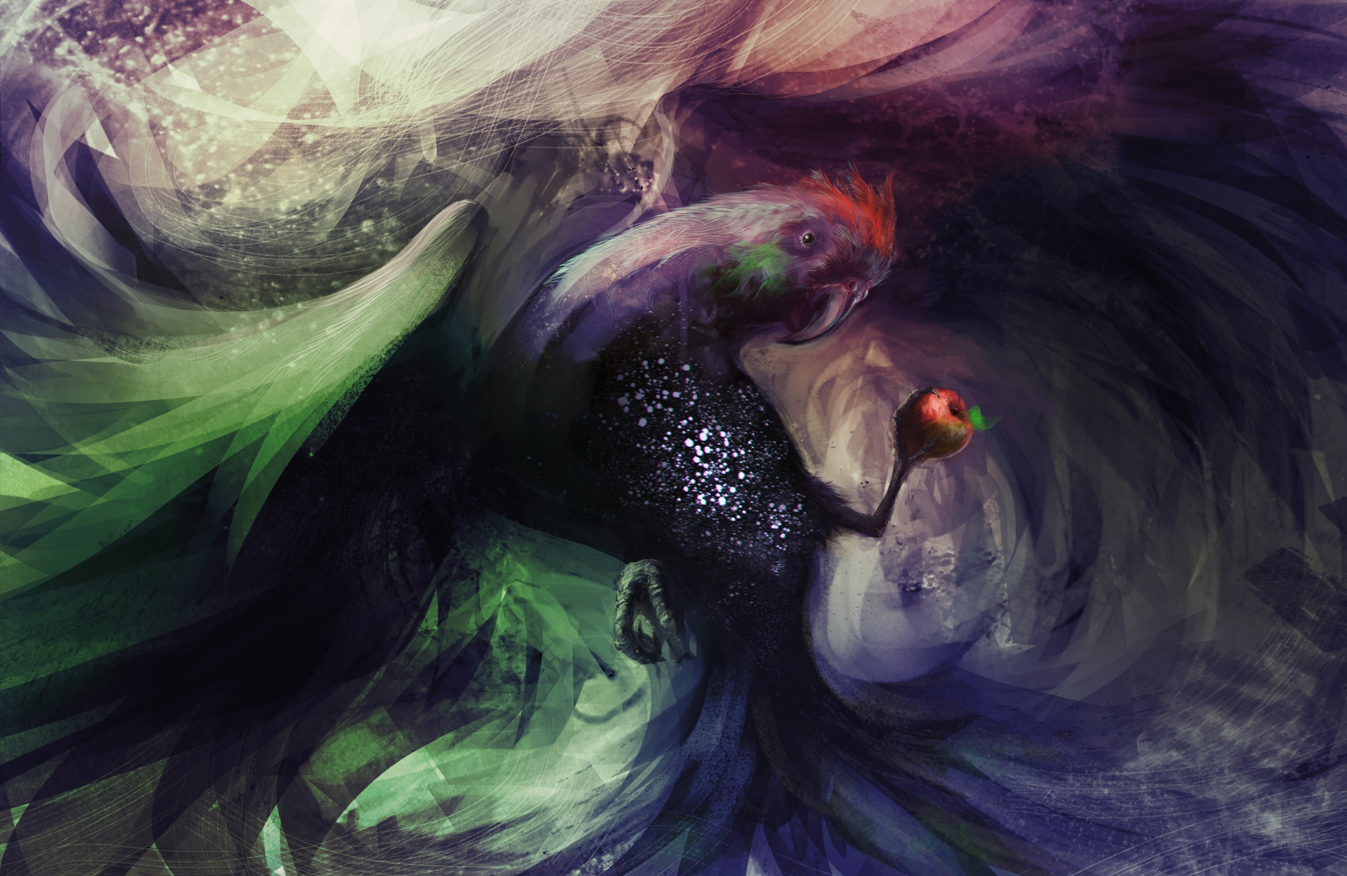 Parrot, Por-t-falatron, 2K, Apple, art, HD Wallpaper