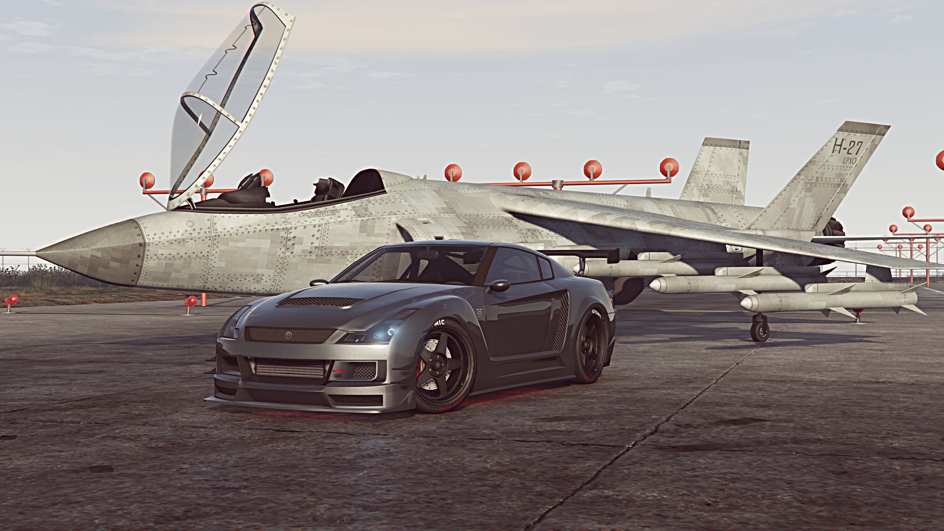 aircraft wing, sky, gray, airport runway, Grand Theft Auto V, travel, land vehicle, outdoors, motor vehicle, incidental people, air vehicle, airplane, luxury, HD Wallpaper