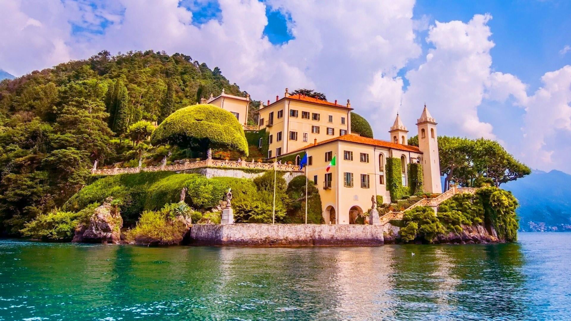 reflection, cloud - sky, travel, italy, 1080P, villa balbianello, plant, clouds, architecture, paradise, tourism, water, no people, waterfront, building, HD Wallpaper