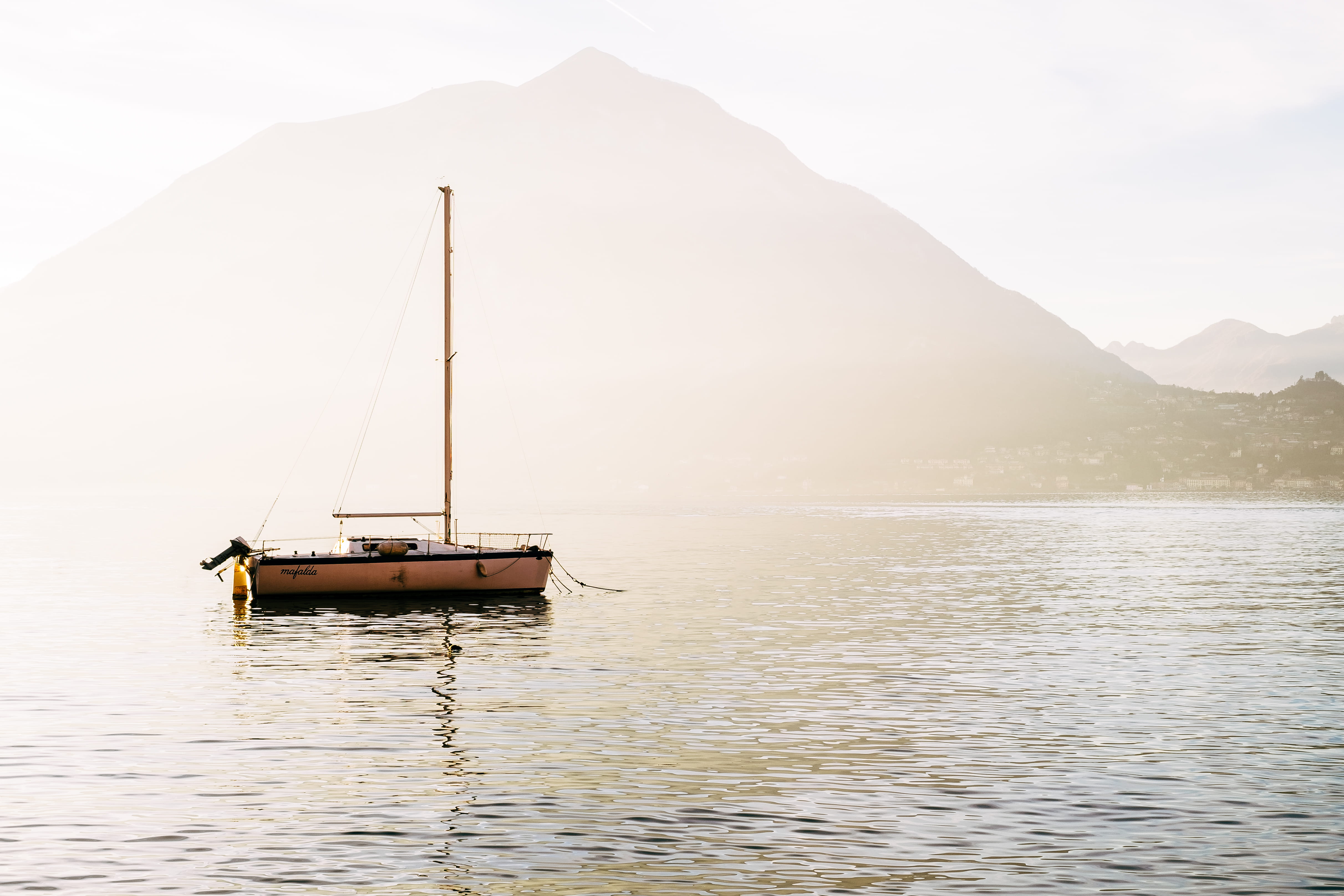 mist, mountain, nautical vessel, nature, italy, sky, tranquility, water, fog, minimal, tranquil scene, day, scenics - nature, waterfront, lake, simple, HD Wallpaper