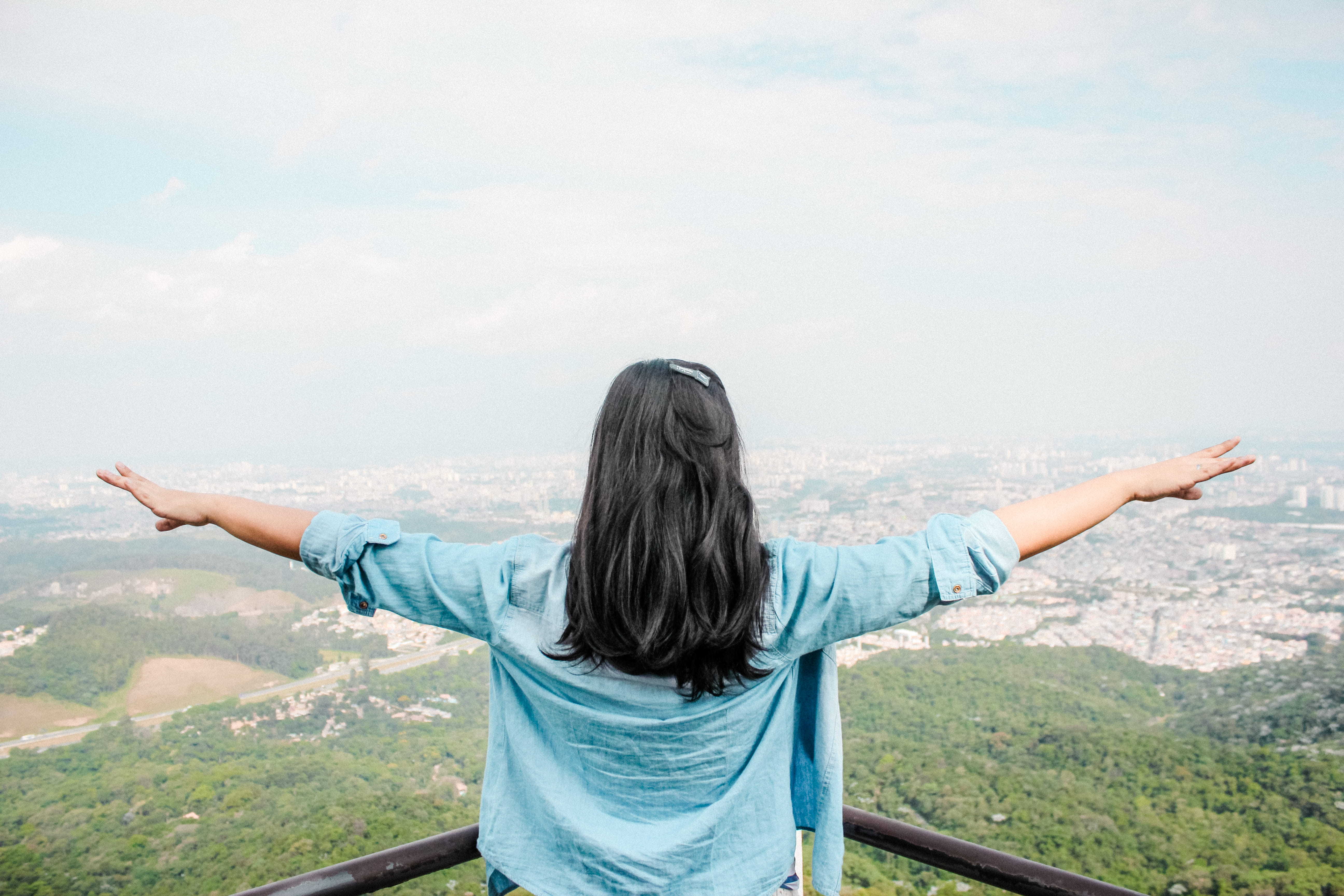 human limb, sky, landscape, sp, hair, human arm, belvedere, mountain, open arms, lifestyles, jaragua, arms outstretched, view, city, brasil, rear view, HD Wallpaper