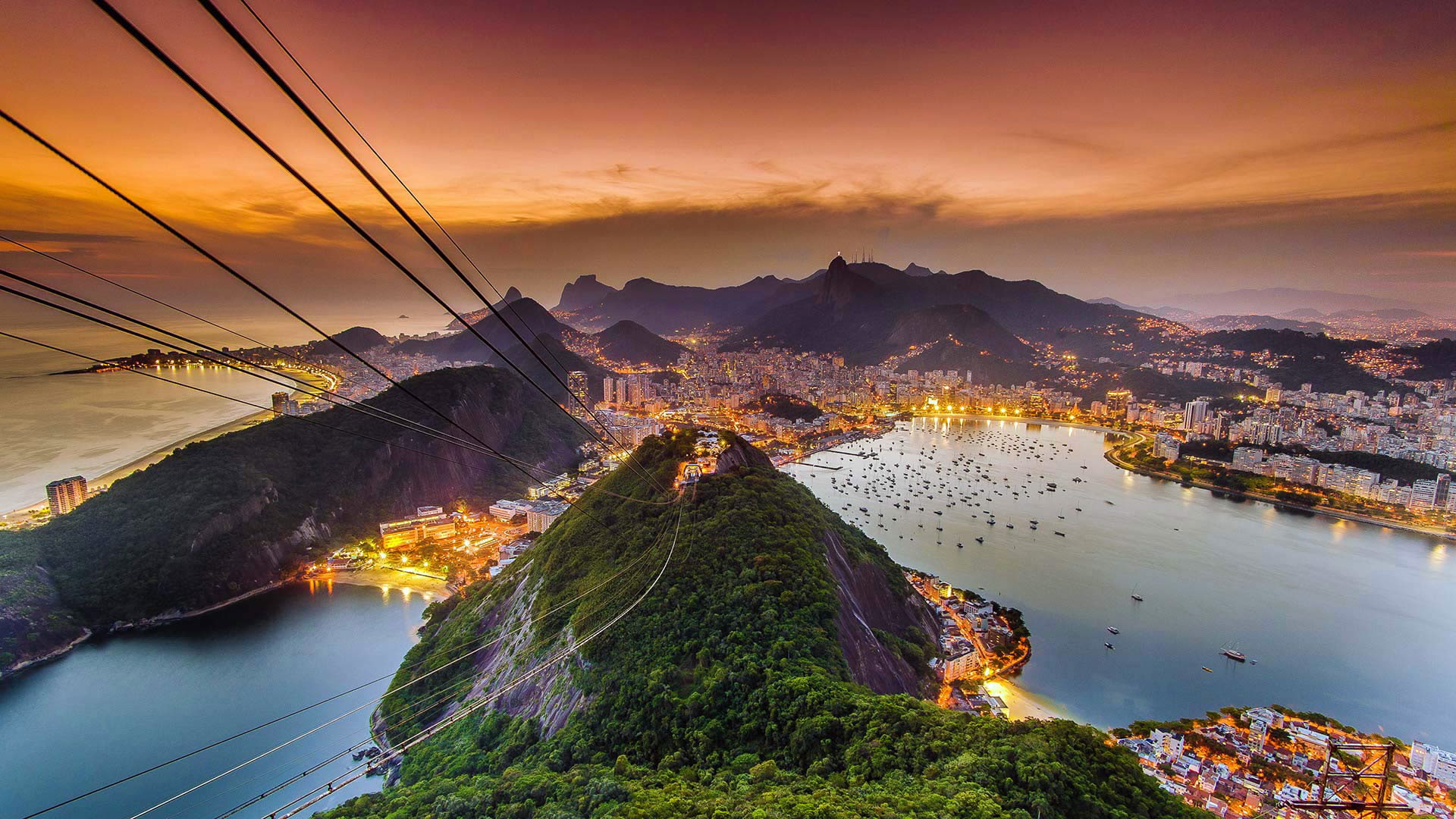 Sugar loaf, Brazil, sea, mountain, cable car, glow, 1080P, Rio de Janeiro, landscape, view, HD Wallpaper