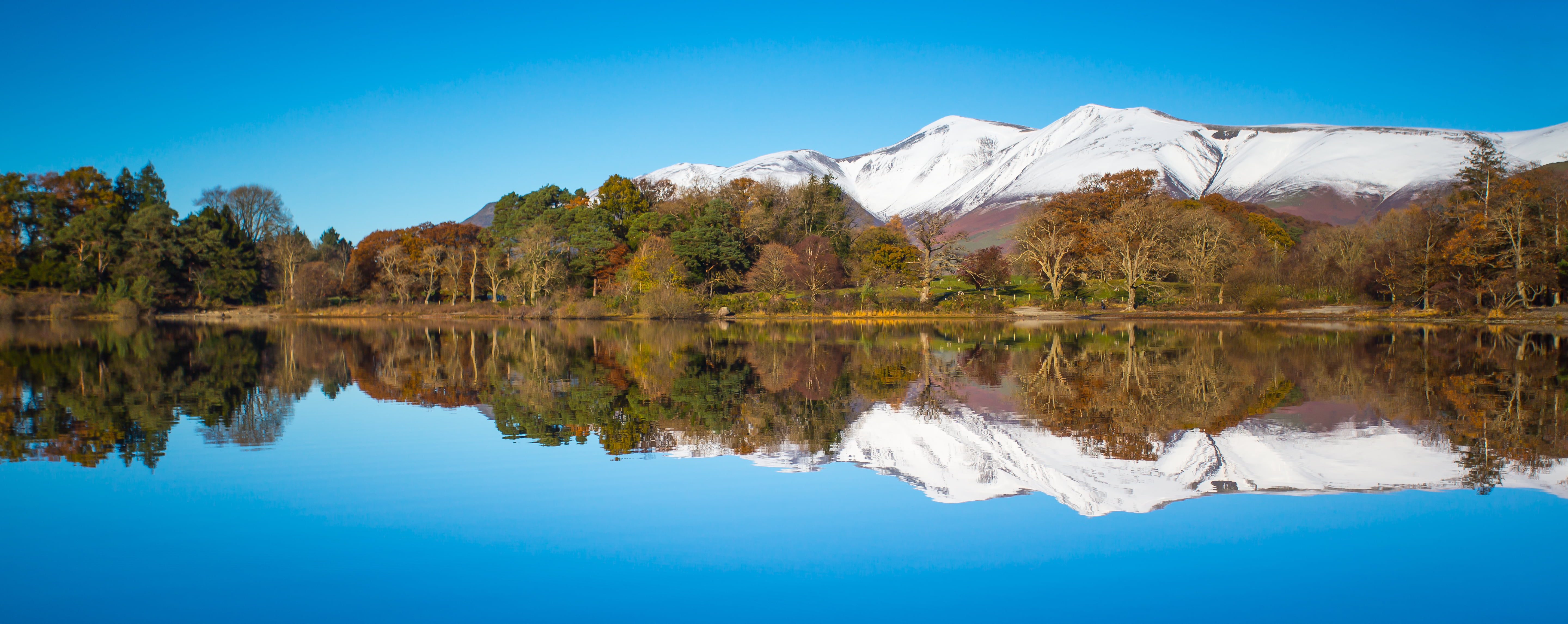 reflection, forest, landscape, beauty In Nature, outdoors, covered, water, photography, scenics, Derwentwater, snow, mountain, Reflections, 5K, tree, nature, HD Wallpaper