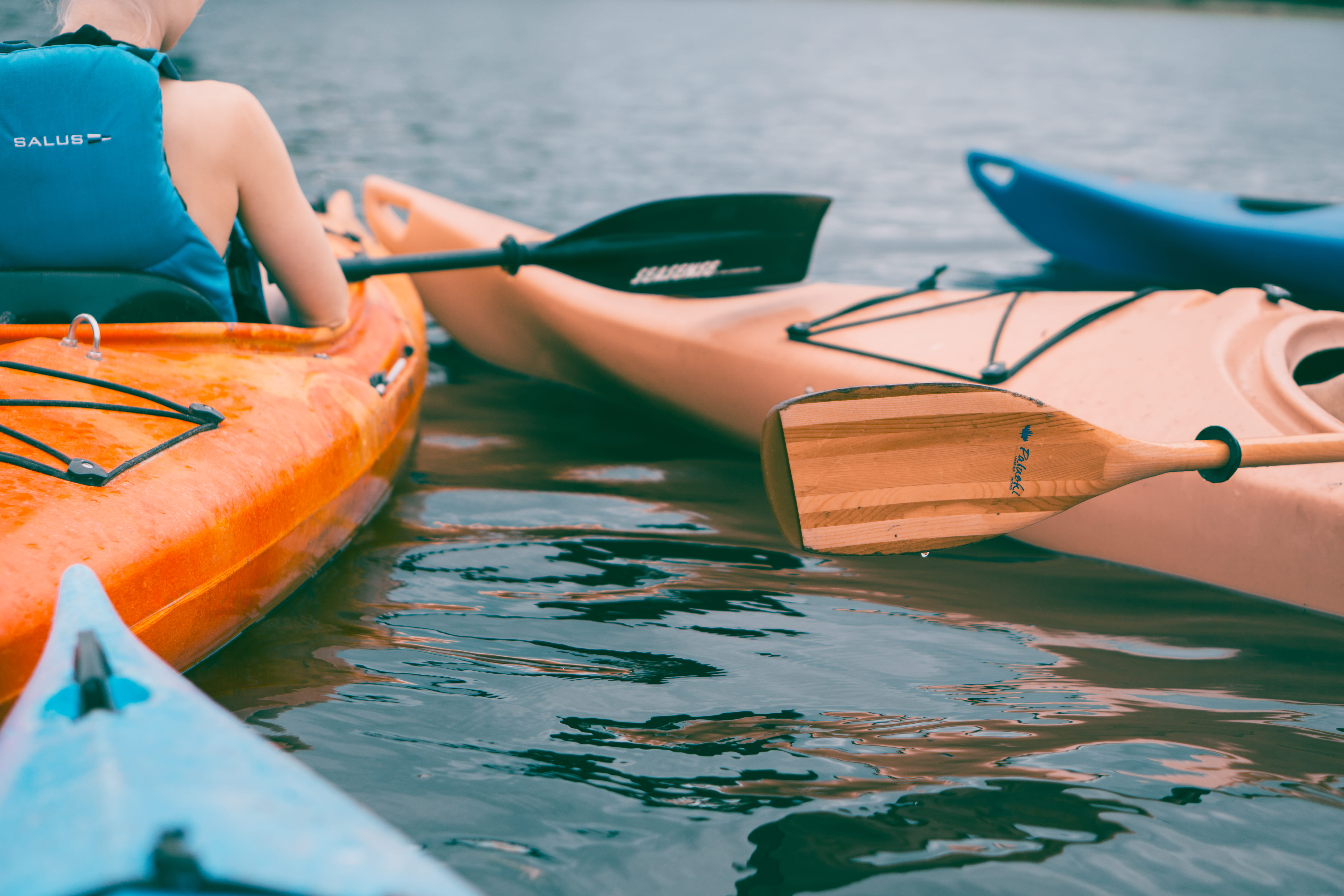 river, lifestyles, fun, orange color, people, riding, mode of transportation, floating On Water, kayak, nature, focus on foreground, waterfront, kayaking, HD Wallpaper