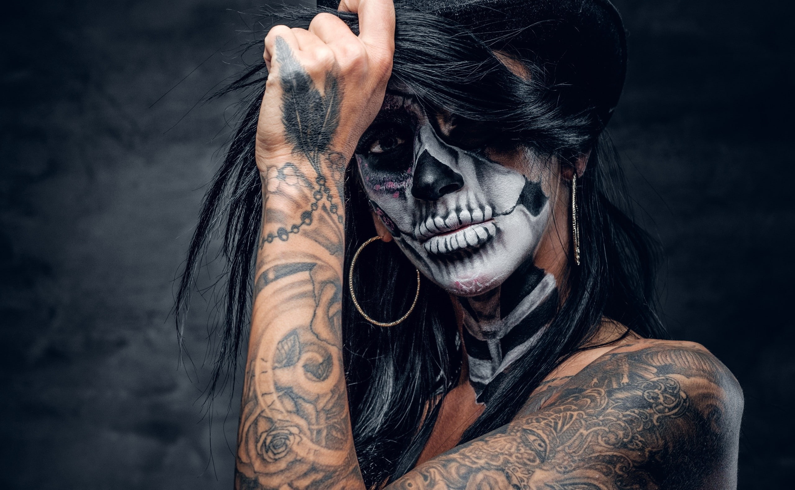 face, Dia de los Muertos, tattoo, makeup, model, 2K, women, HD Wallpaper