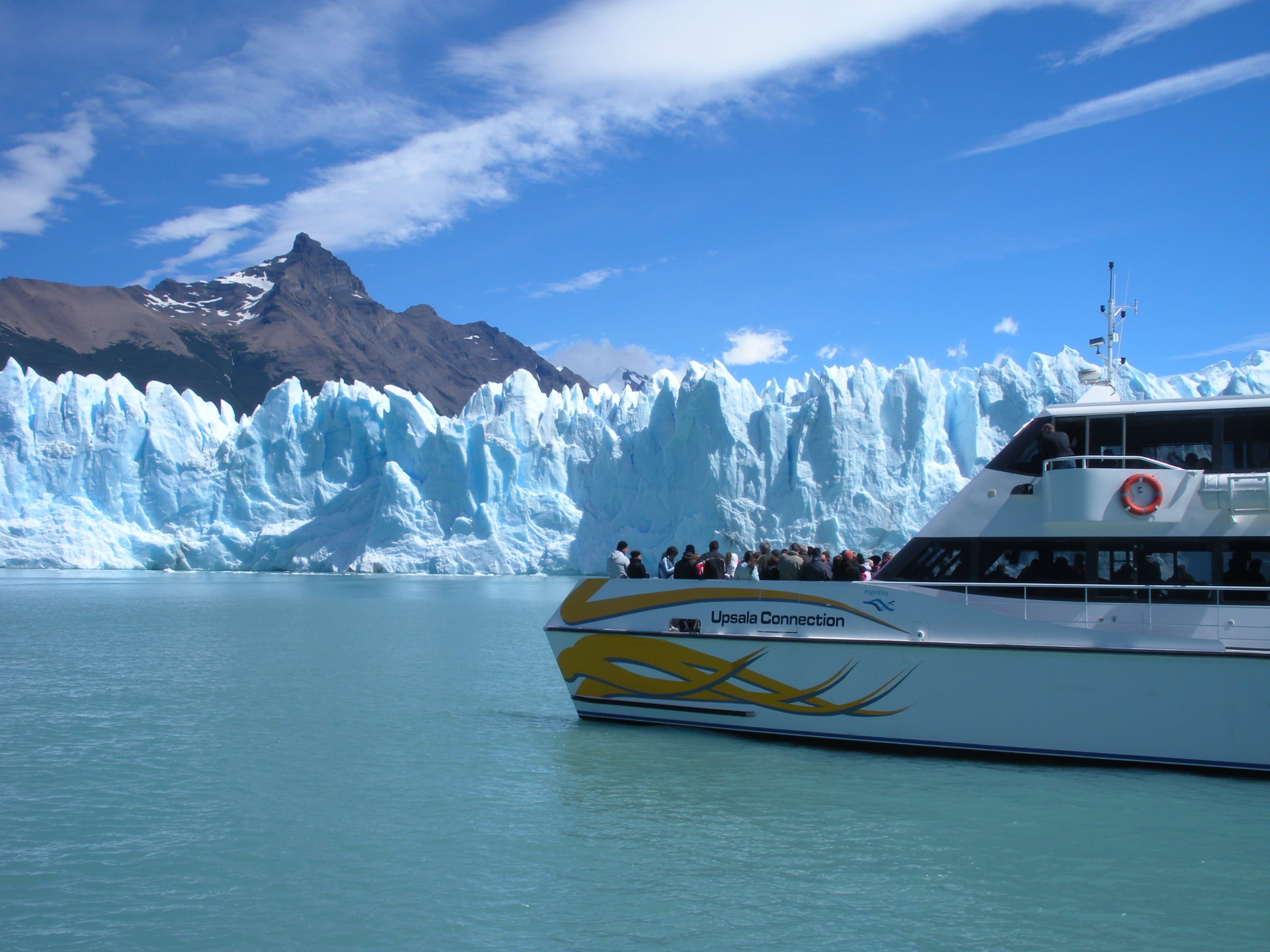 passenger craft, nature, luxury, Glacier, transportation, Argentina, sea, snow, snowcapped mountain, nautical vessel, sky, 2K, environment, mountain, ice, HD Wallpaper