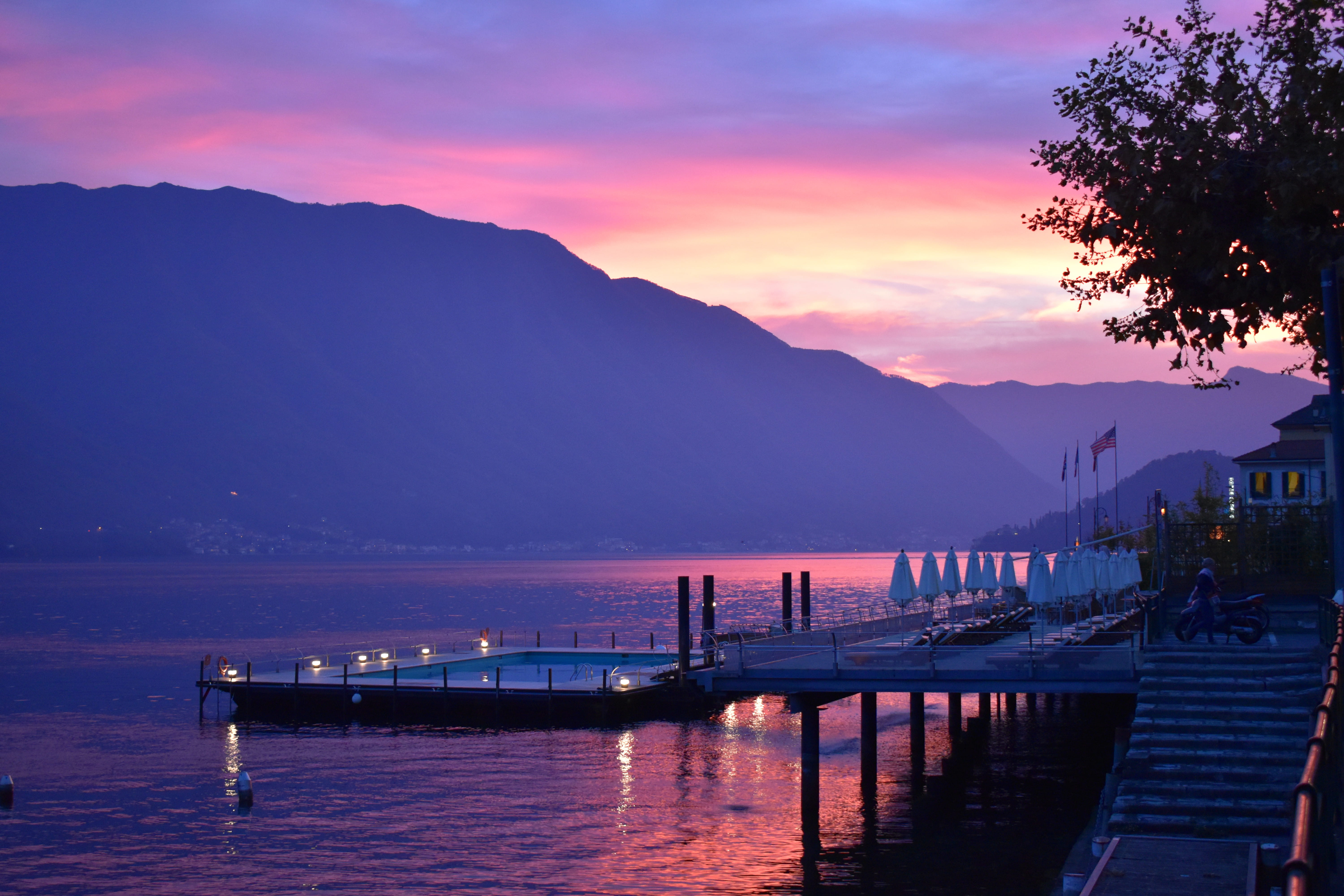 reflection, mode of transportation, water, nautical vessel, pier, mountain range, pink, tranquility, beauty in nature, mountain, como, italy, idyllic, 5K, HD Wallpaper