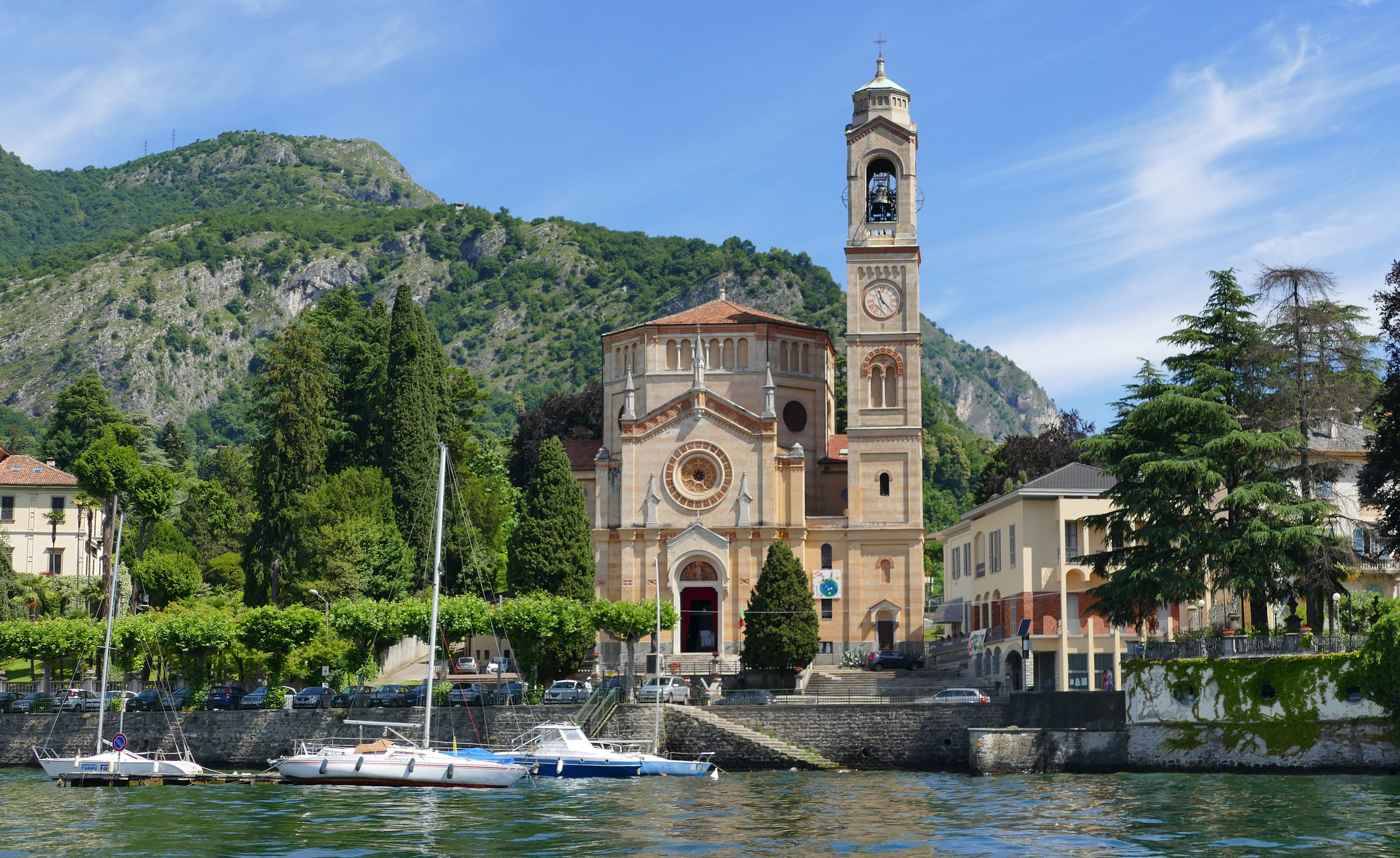 architecture, homes, religion, port, tremezzo, place of worship, holiday, sky, panorama, tree, outdoors, 4K, steeple, travel destinations, spirituality, HD Wallpaper