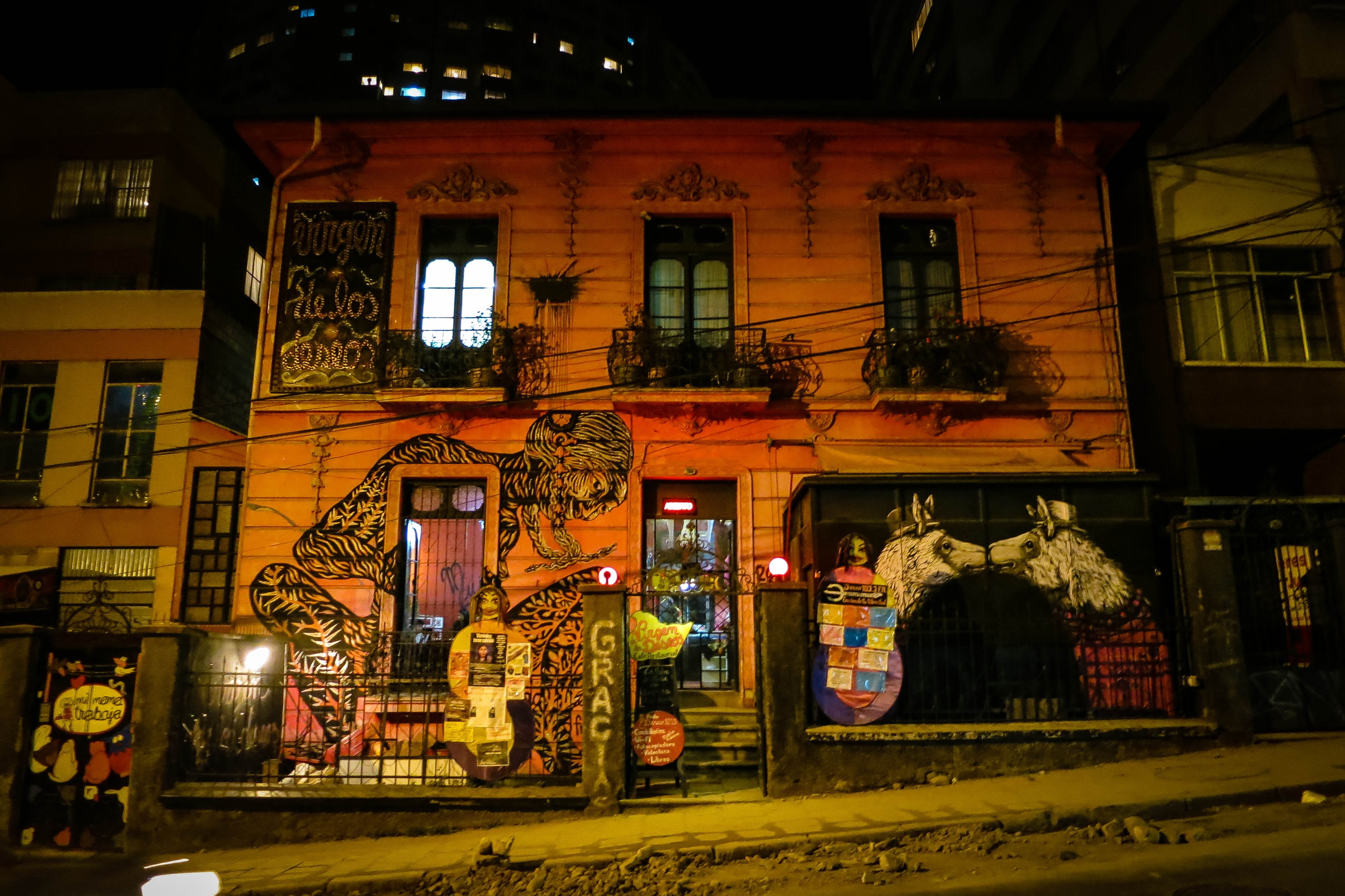 built structure, no people, communication, entrance, building exterior, mural, retail, windows, night, lighting equipment, building, architecture, building in la paz, HD Wallpaper