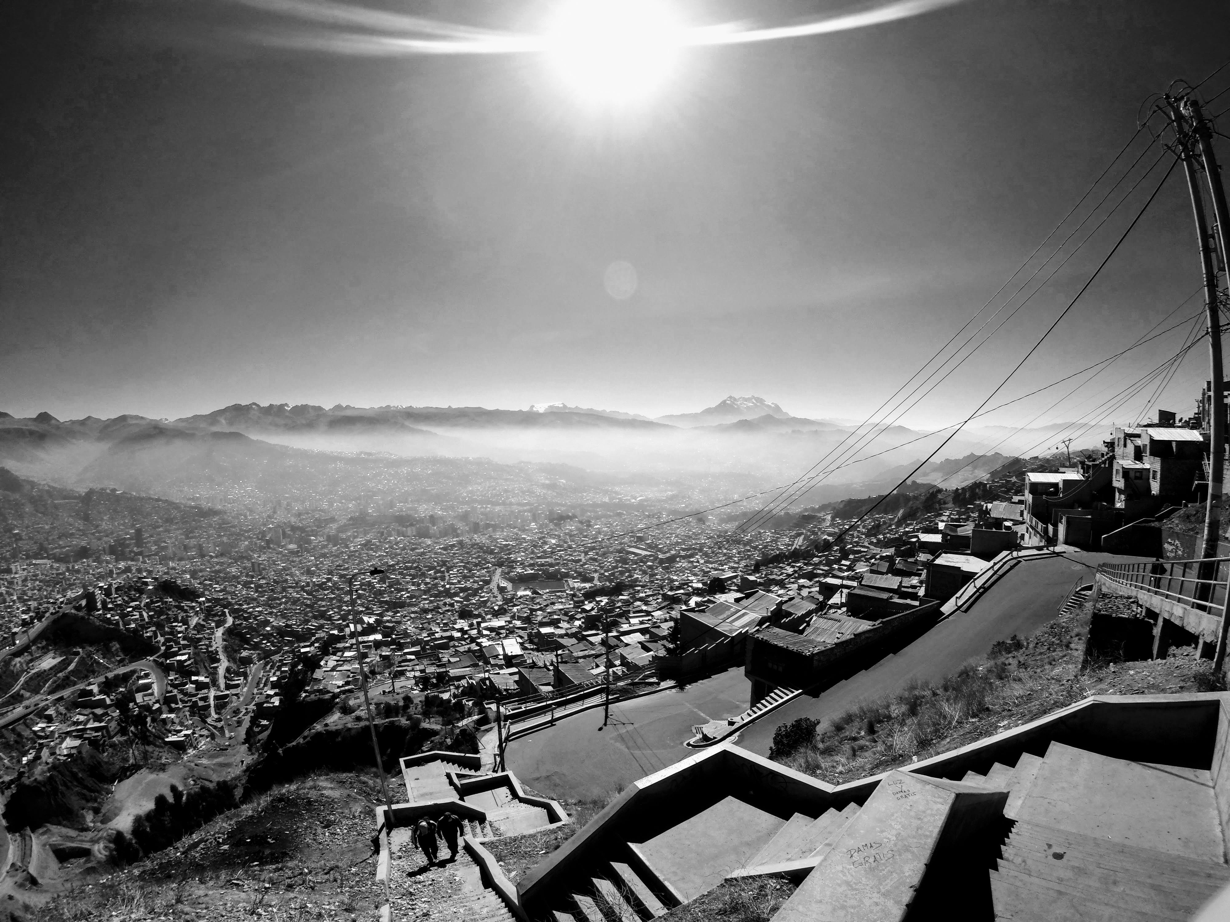 residential district, building exterior, city, building, cityscape, high angle view, lens flare, outdoors, built structure, architecture, sunbeam, bolivia, HD Wallpaper