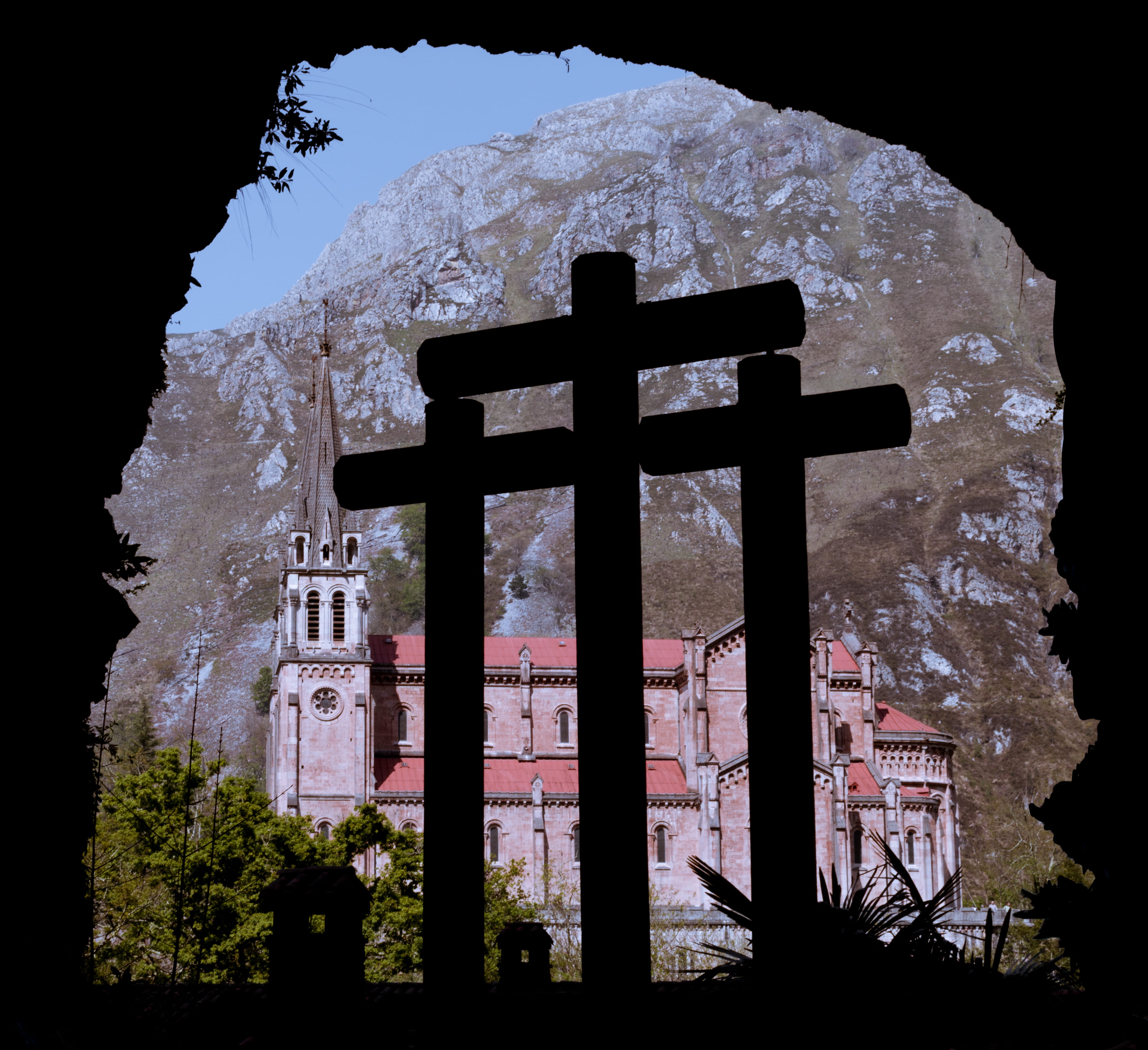 the past, crosses, travel, spain, outdoors, cave of the lady, low angle view, plant, shadow, three crosses, cliff, religion, tree, church, building, cave, HD Wallpaper