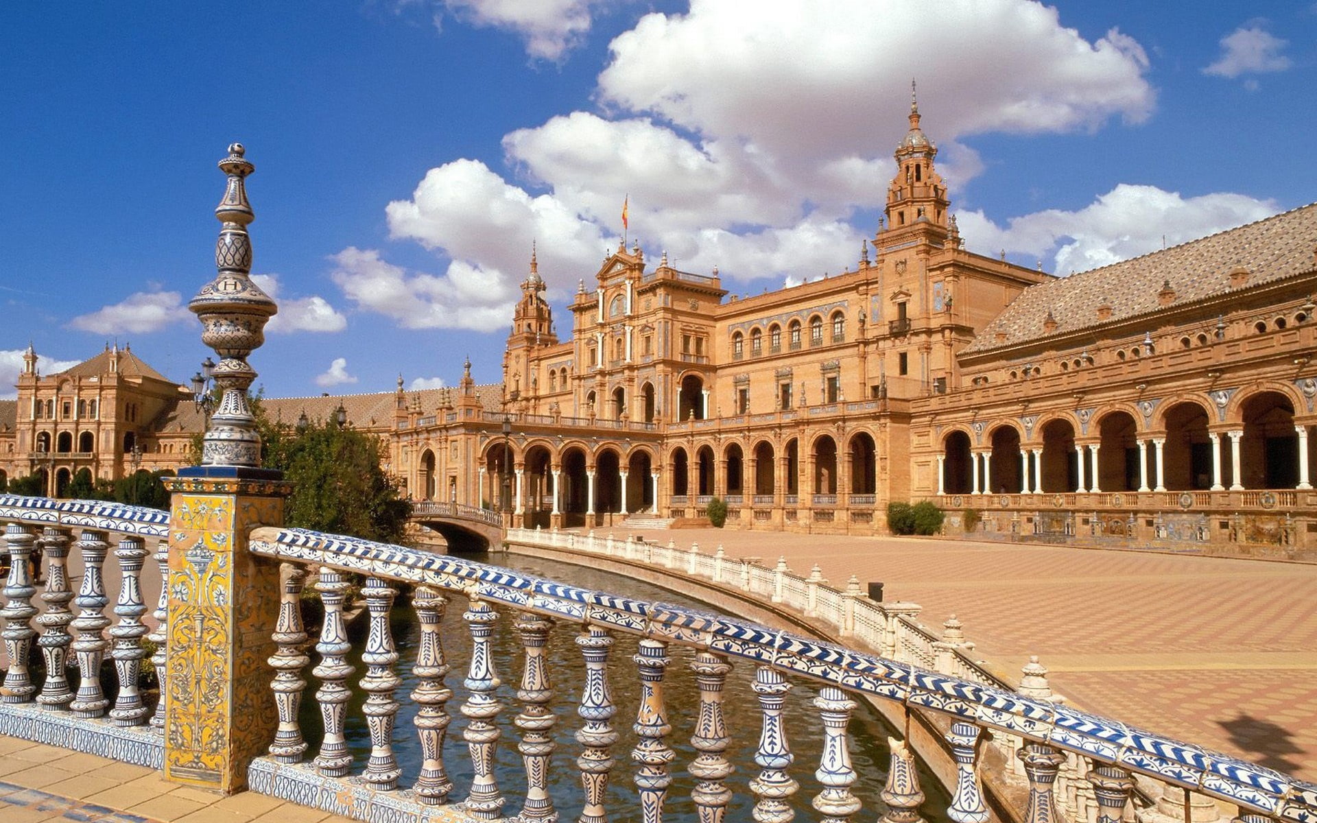 tower, city, outdoors, sky, famous Place, day, town Square, plaza De Espana - Seville, water, travel, building Exterior, brown, no people, national Landmark, HD Wallpaper