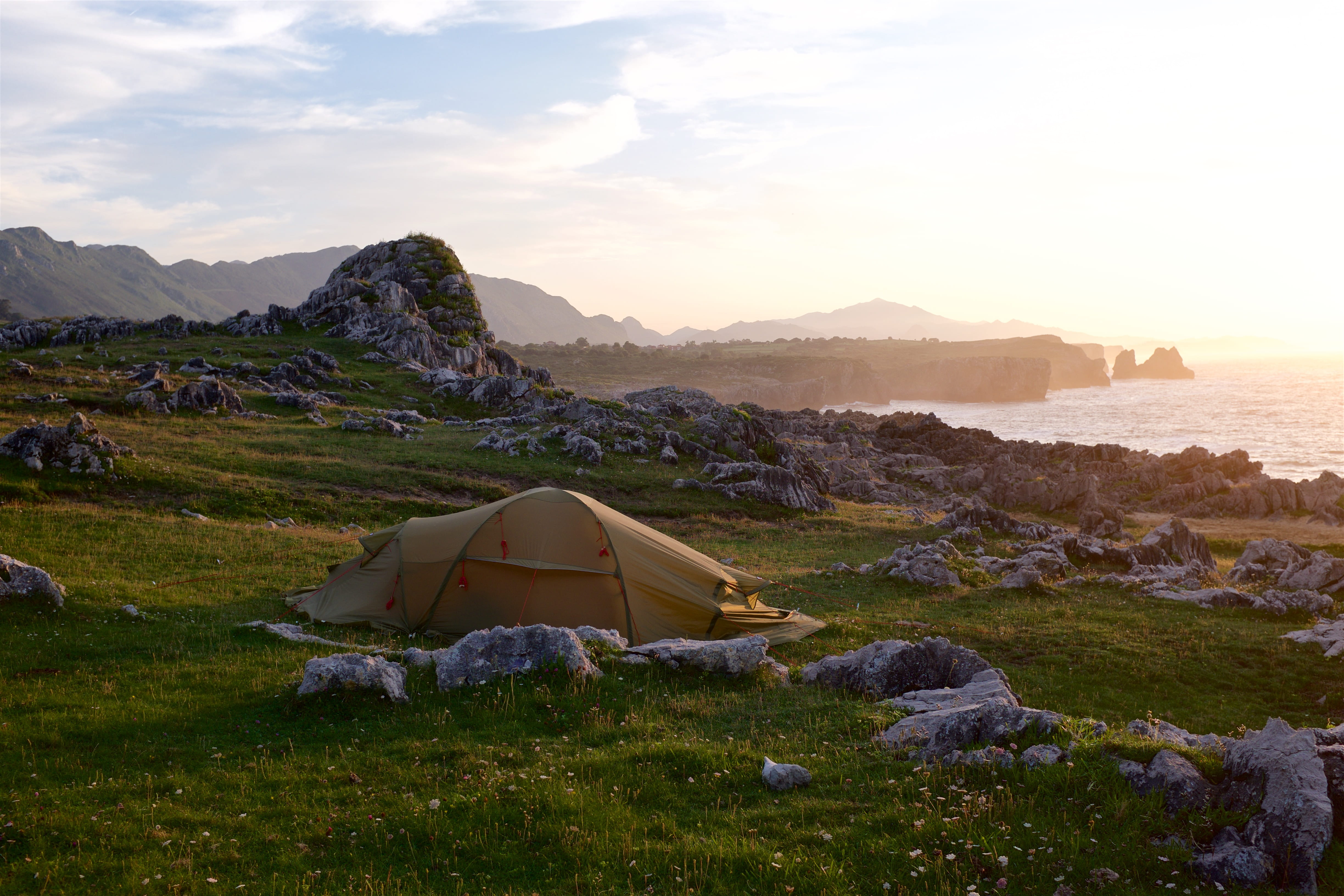 piedra, landscape, holiday, ocean, tent, spain, sunset, roca, cueva, asturias, cloud - sky, mountain, campagna, grass, tranquil scene, rock, sky, scenics - nature, HD Wallpaper