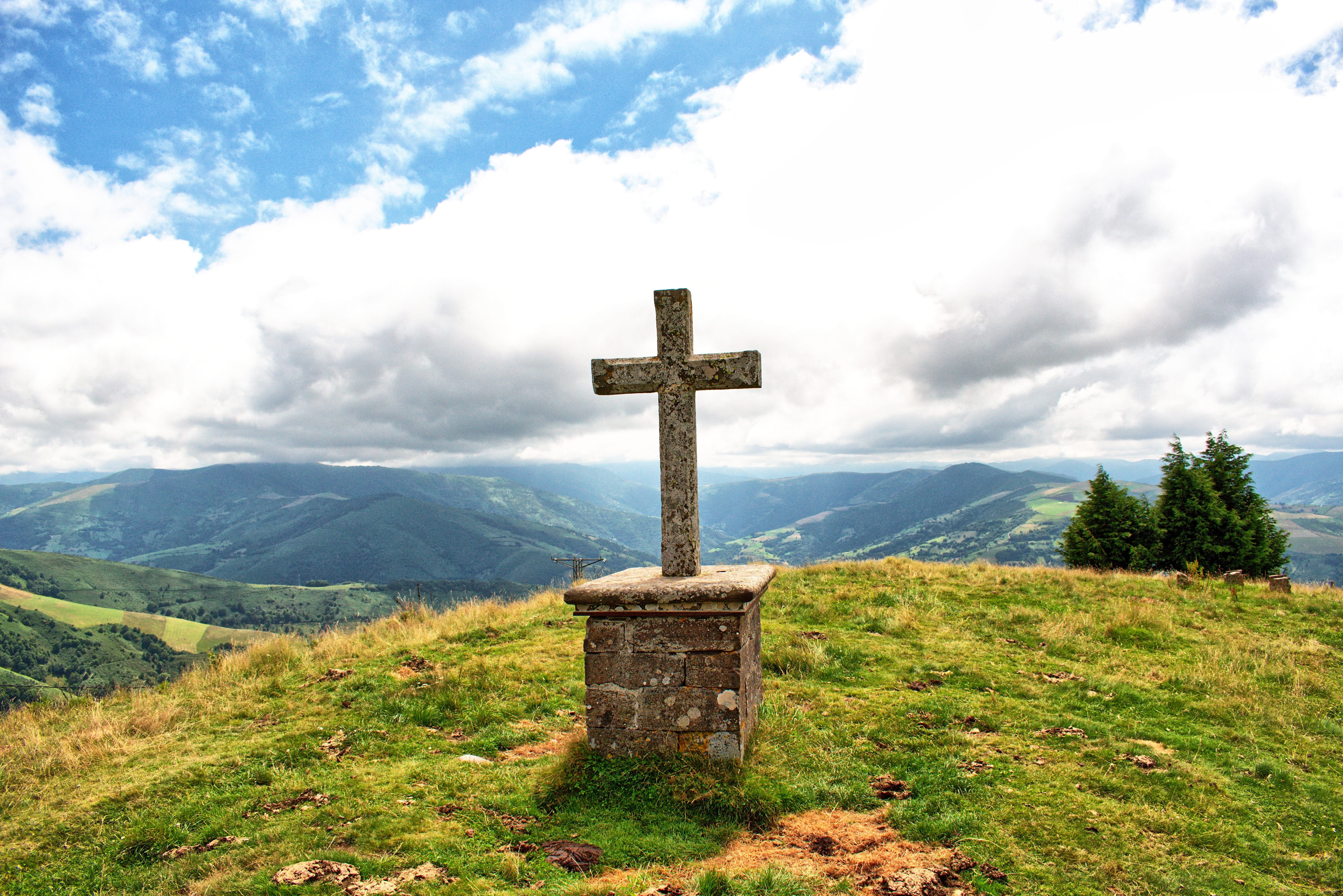 sky, cross, spirituality, grass, landscape, beauty in nature, cruz, cross shape, day, spain, tranquility, cloud - sky, scenics - nature, religion, religious equipment, HD Wallpaper