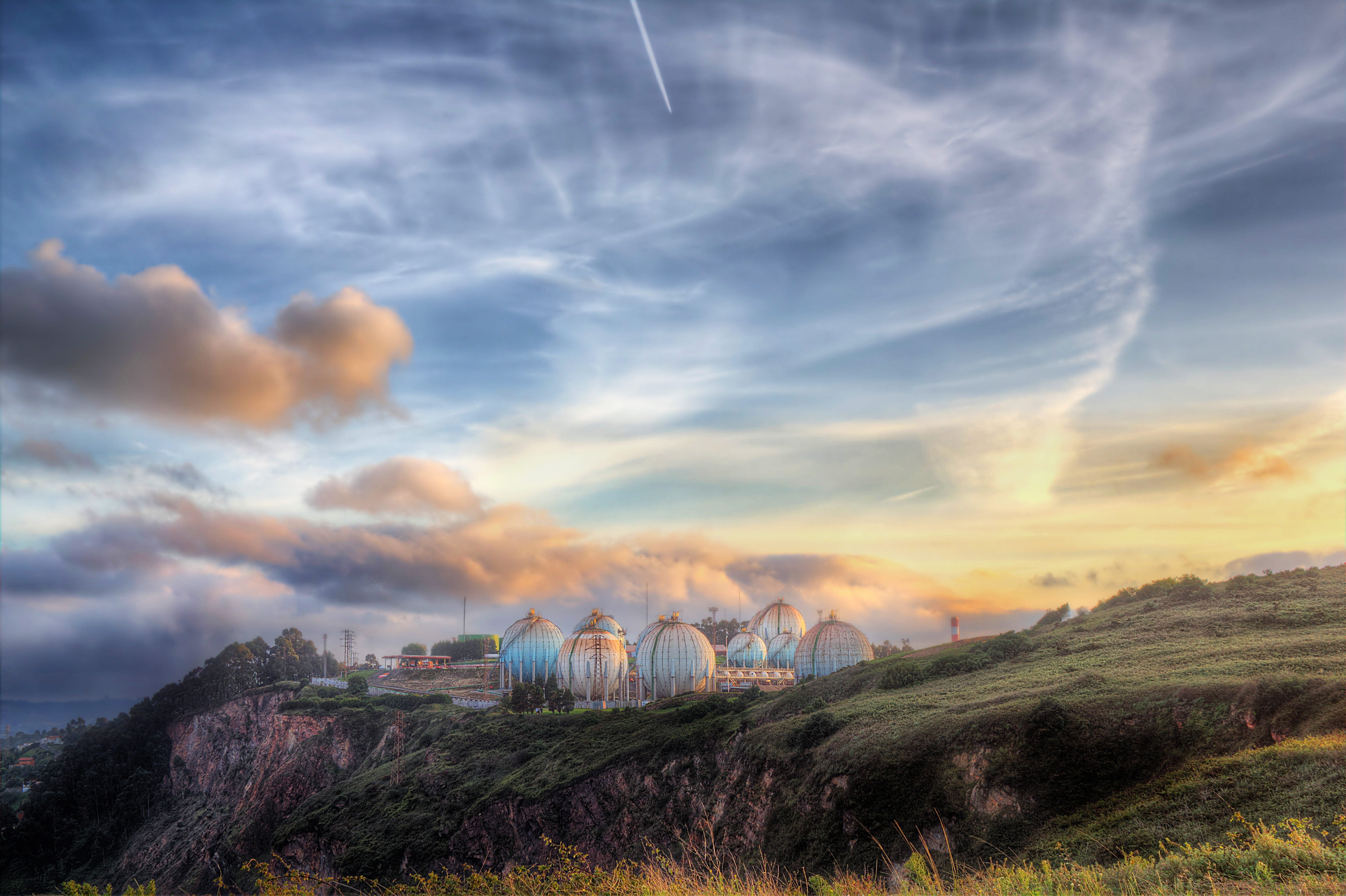 cloud - sky, plant, field, landscape, mountain, built structure, clouds, land, architecture, beauty in nature, building exterior, gijón, environment, no people, HD Wallpaper