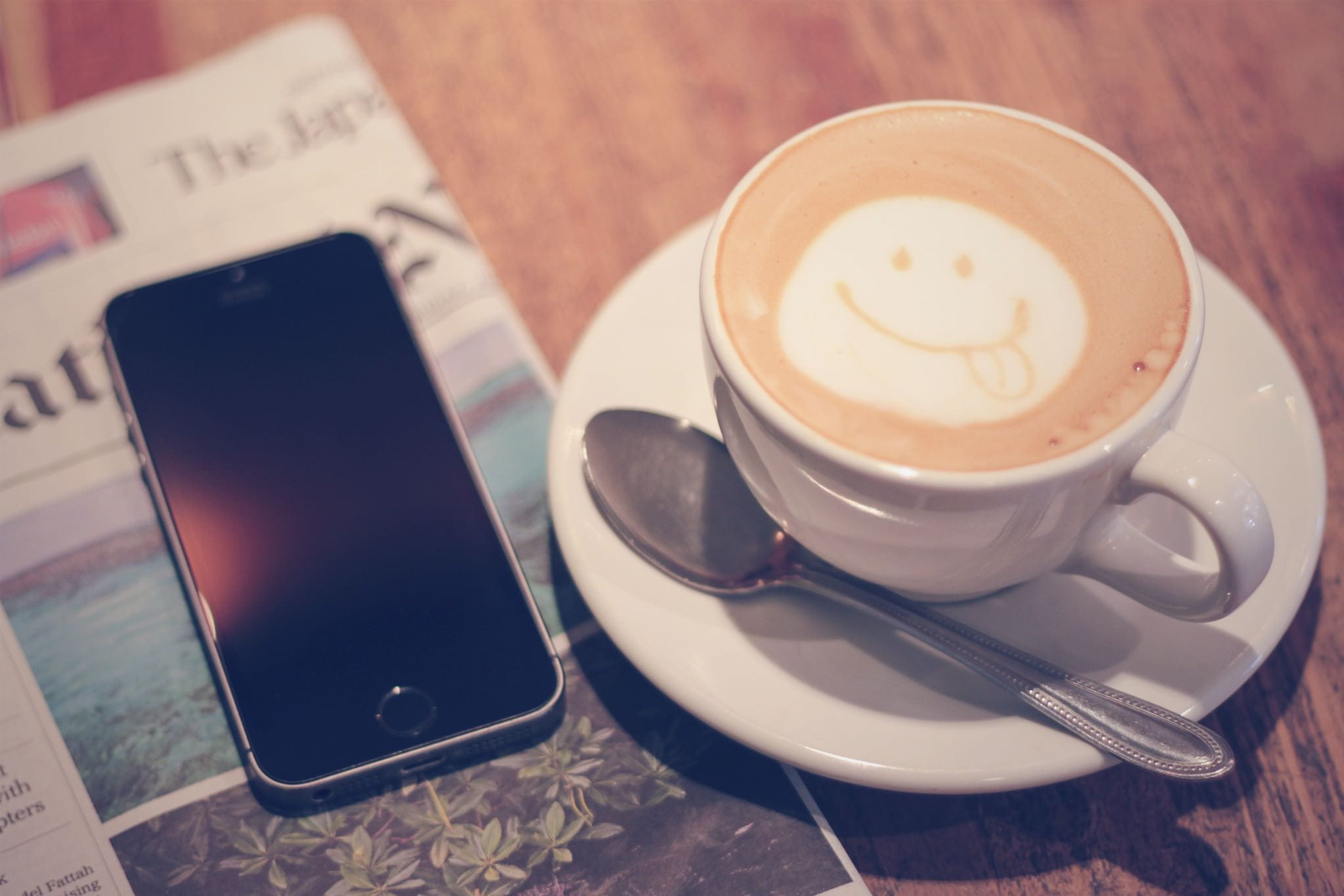 no people, mobile Phone, iphone, crockery, beside, table, food and drink, wireless technology, close-up, coffee cup, spoon, frothy drink, still life, business, HD Wallpaper