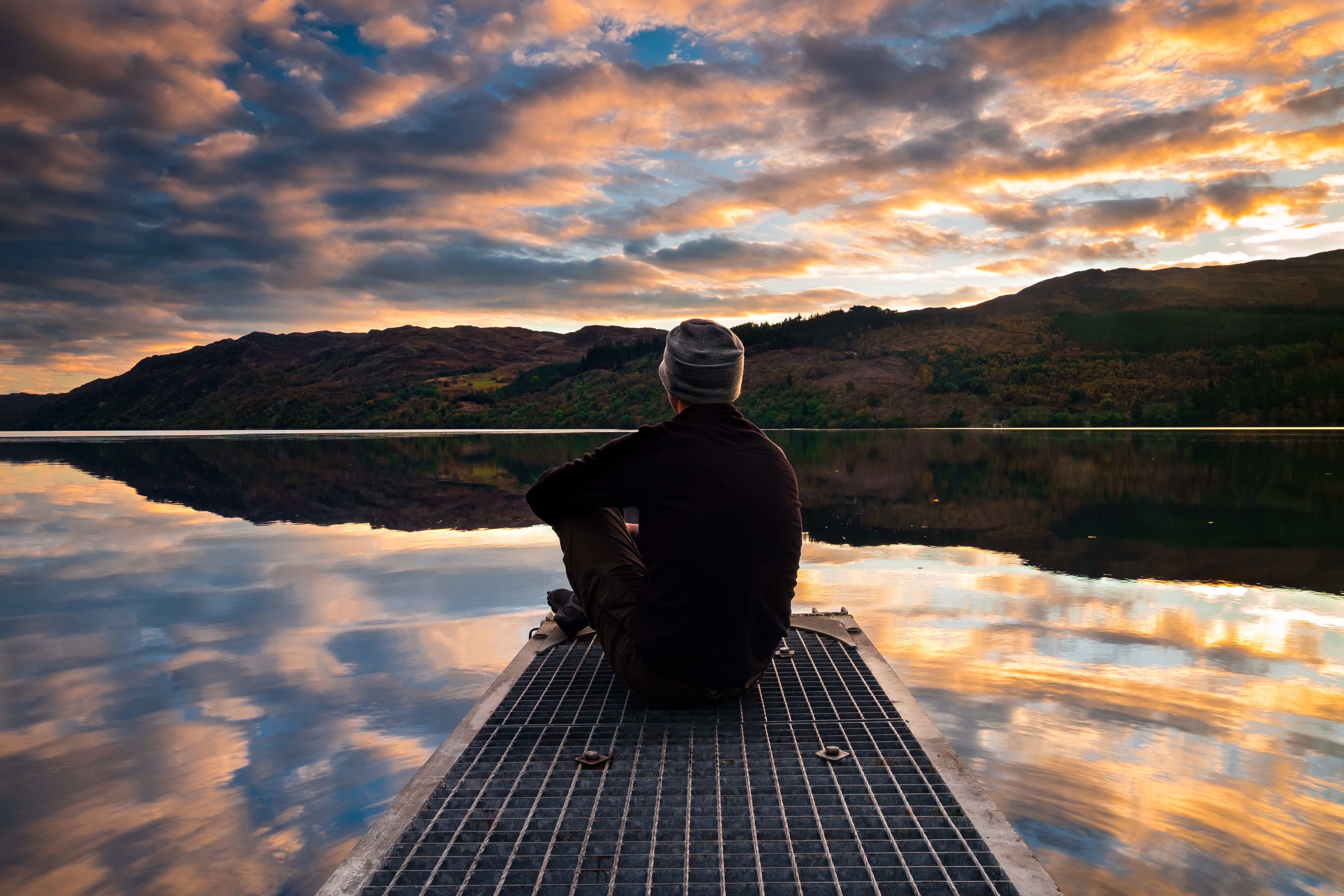 landscape, outdoors, dock, lake, tranquility, horizon, one person, sky, 4K, reflection, real people, thinking, men, people, travel, outdoor, green, leisure activity, HD Wallpaper