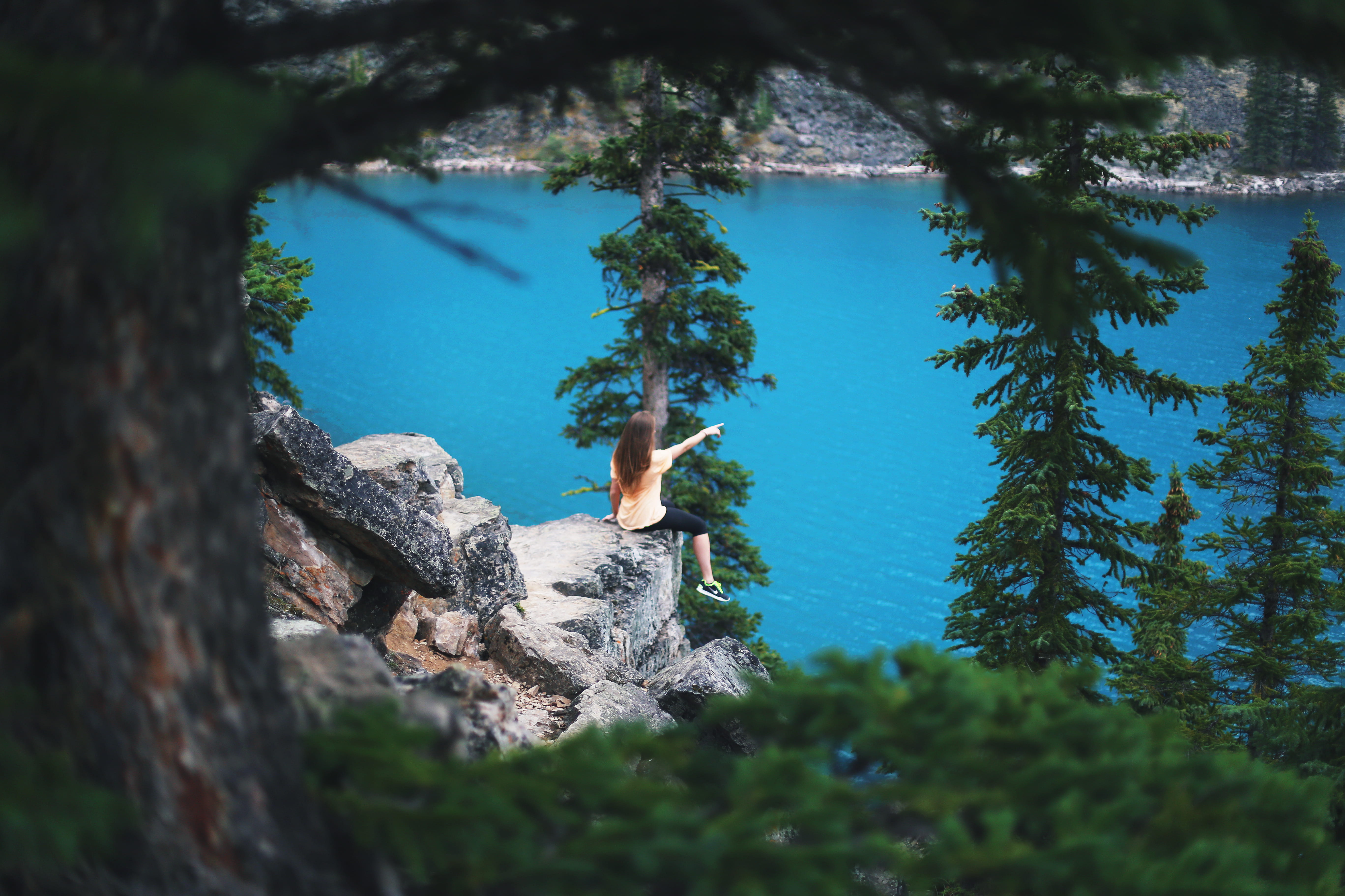 no People, real people, daytime, near, woman, towards, one person, sitting, water, mountain, tree, 5K, landscape, gray, plant, t-shirt, young adult, cliff, HD Wallpaper