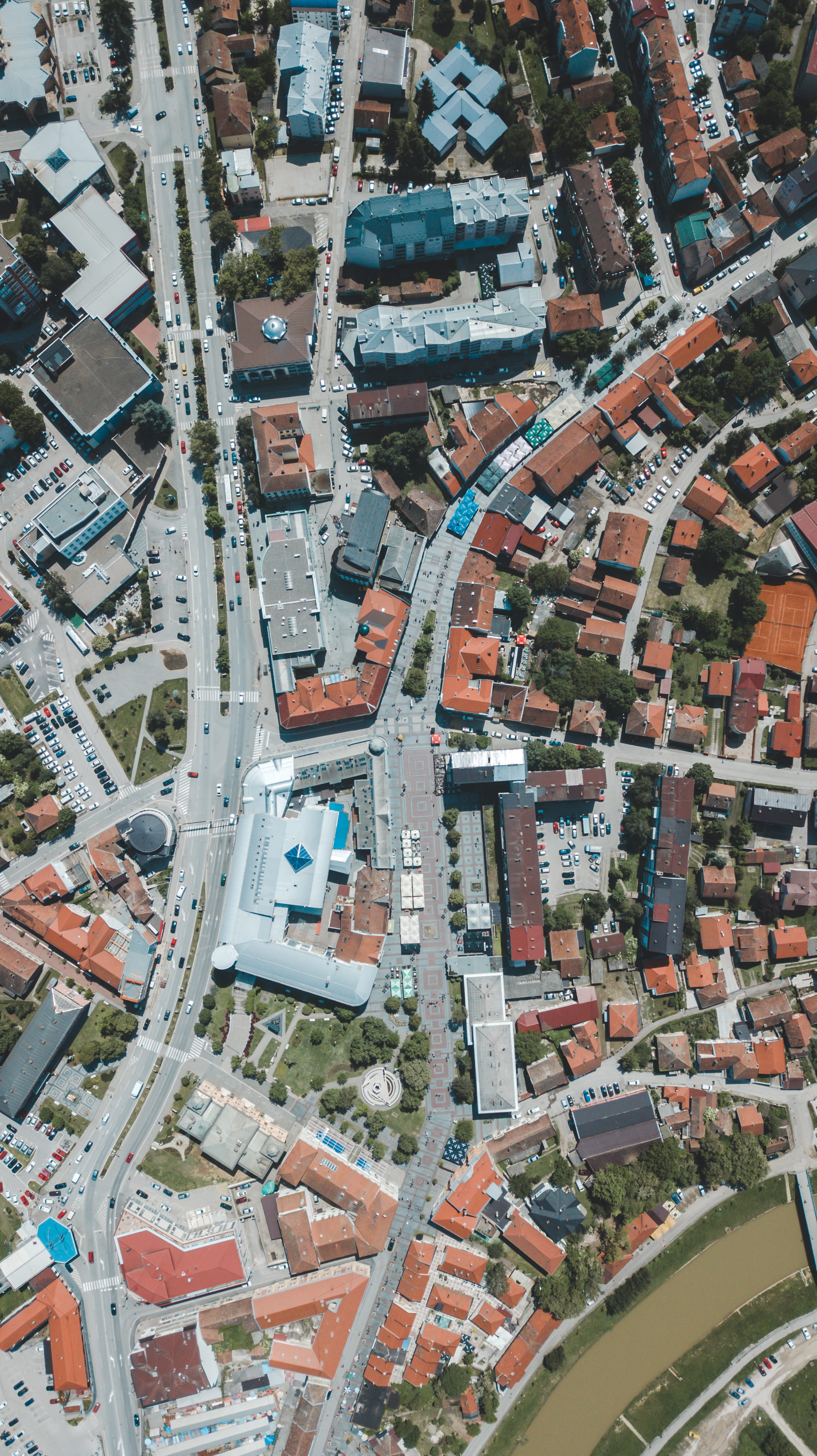 architecture, intersection, brčko, bosnia and herzegovina, street, day, road, multiple lane highway, transportation, metropolis, dji mavic, built structure, Phone HD Wallpaper