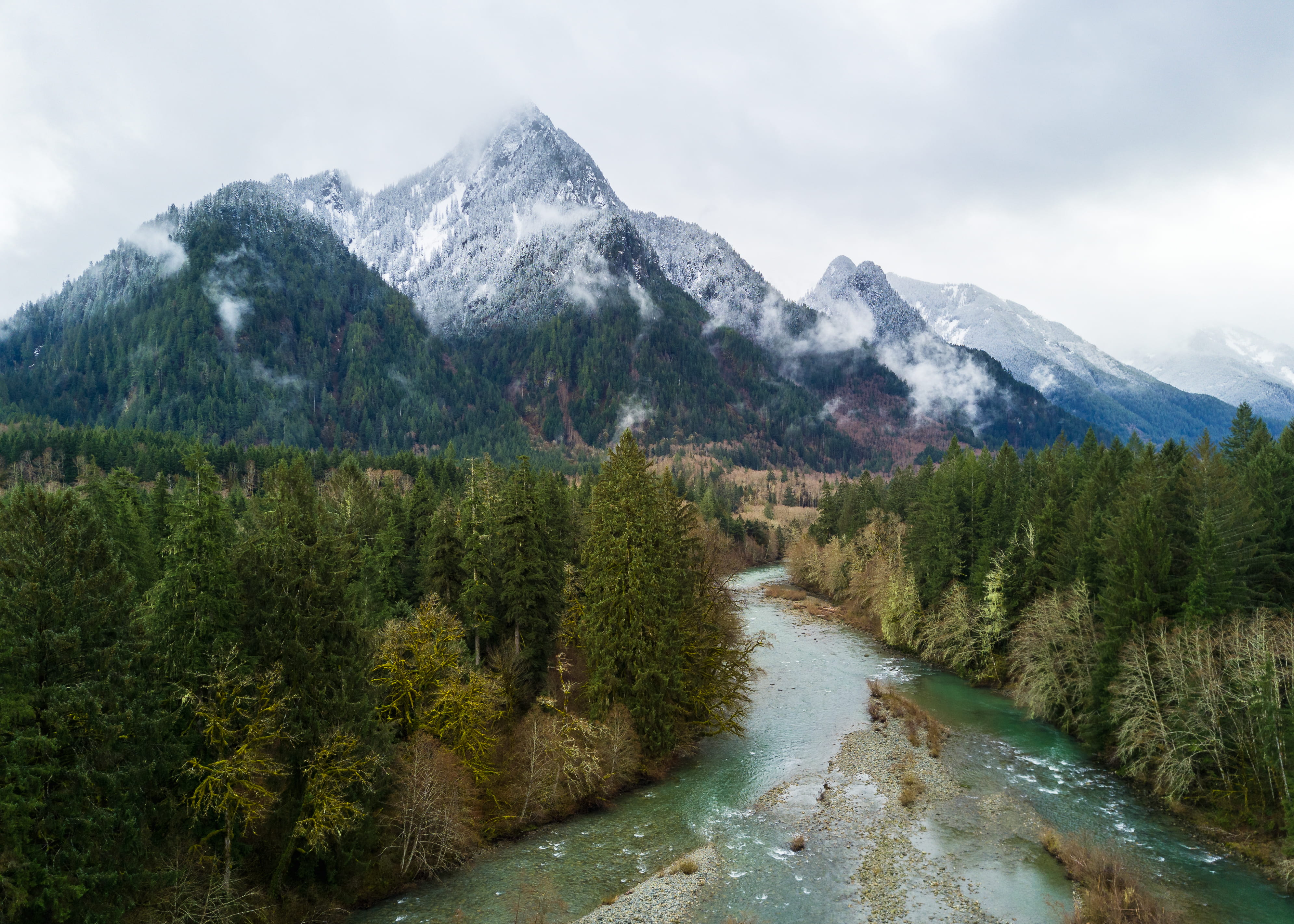 plant, beauty in nature, mountain range, outdoors, river, flowing, mountain peak, sky, cloud - sky, near, dji mavic pro, snowcapped mountain, pine, overcast, HD Wallpaper