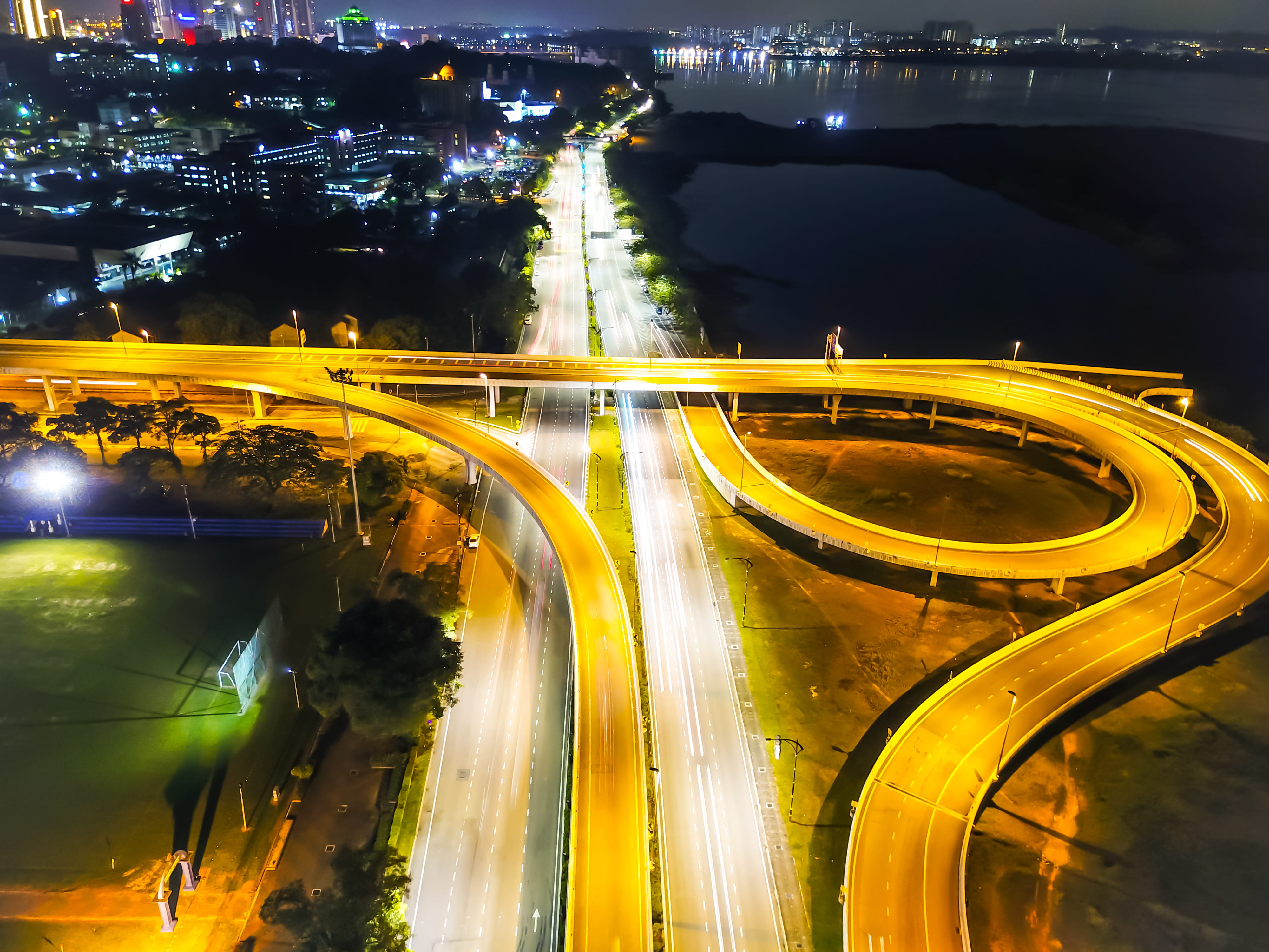 high angle view, water, road, bridge - man made structure, long exposure, night, photog, city, phantom3, bridge, cityscape, johor bahru, johor, pantai lido, HD Wallpaper
