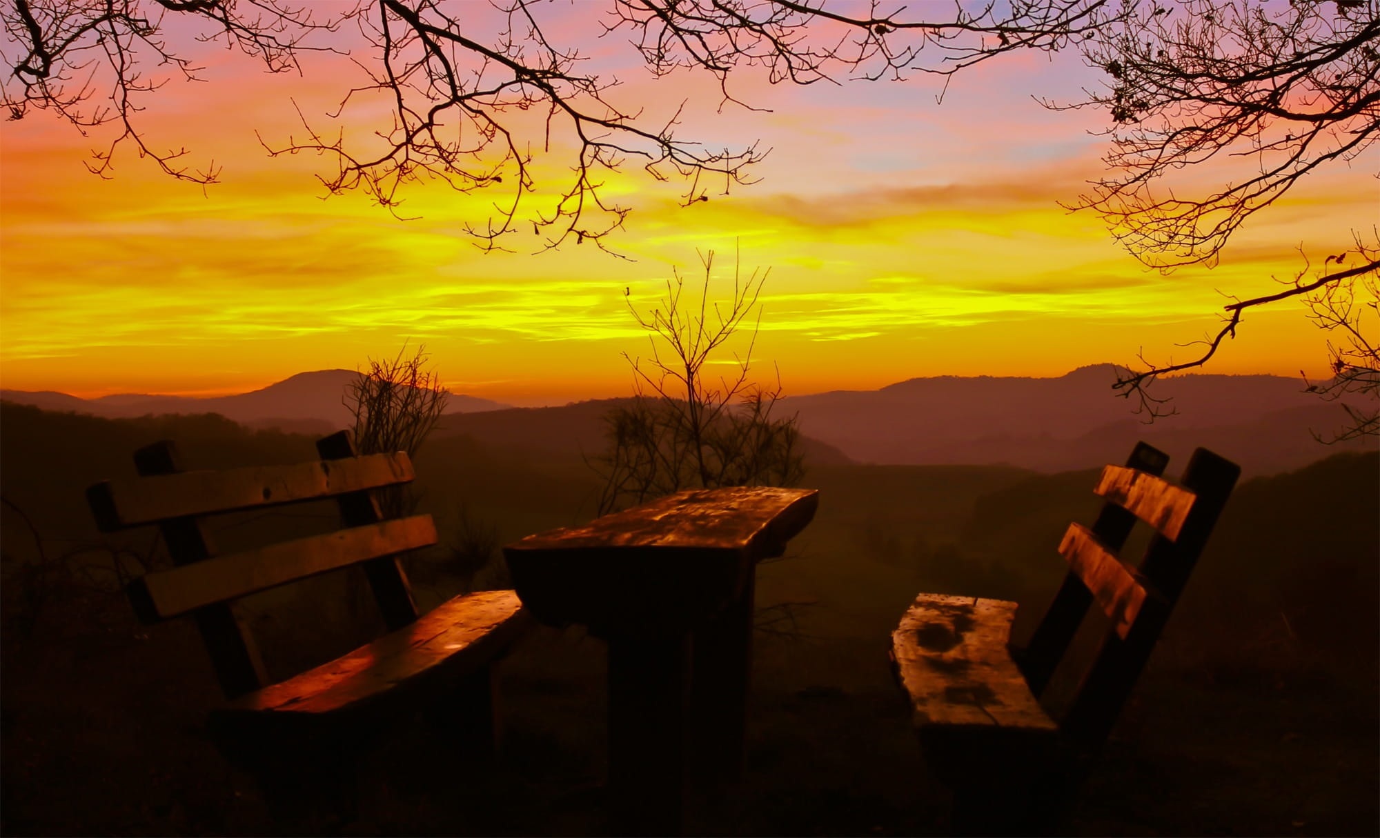 cloud - sky, piece, idyllic, wooden, atmosphere, seat, land, bench, no people, silent, color, sunset, tranquil scene, plant, in the evening, landscape, HD Wallpaper